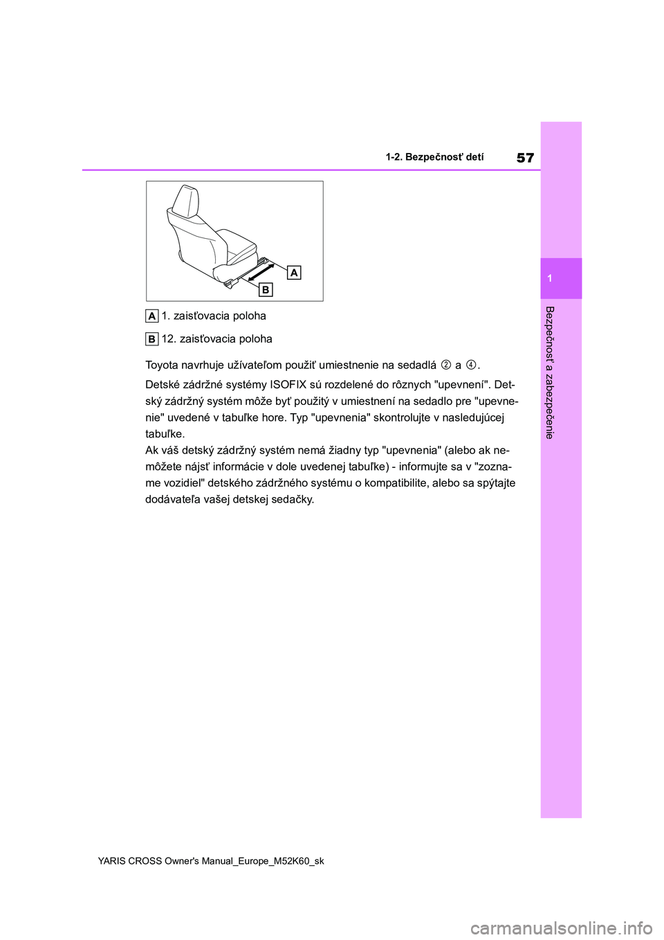 TOYOTA YARIS CROSS 2021  Návod na použitie (in Slovakian) 57
1
YARIS CROSS Owner's Manual_Europe_M52K60_sk
1-2. Bezpečnosť detí
Bezpečnosť a zabezpečenie
1. zaisťovacia poloha 
12. zaisťovacia poloha 
Toyota navrhuje užívateľom pou žiť umies