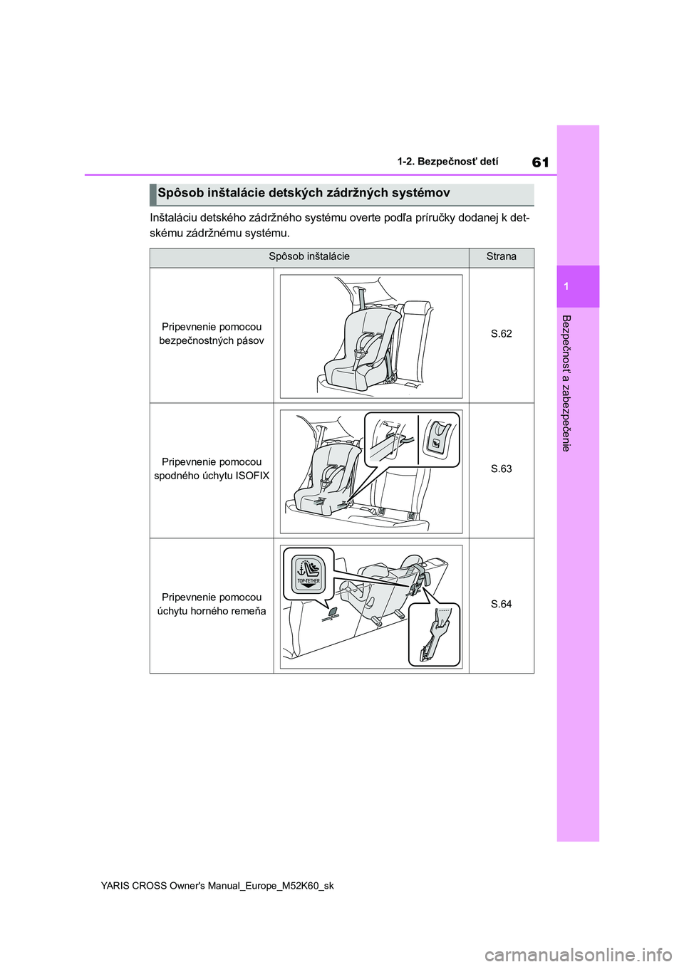 TOYOTA YARIS CROSS 2021  Návod na použitie (in Slovakian) 61
1
YARIS CROSS Owner's Manual_Europe_M52K60_sk
1-2. Bezpečnosť detí
Bezpečnosť a zabezpečenie
Inštaláciu detského zádržného systému overte podľa príručky dodanej k det- 
skému z