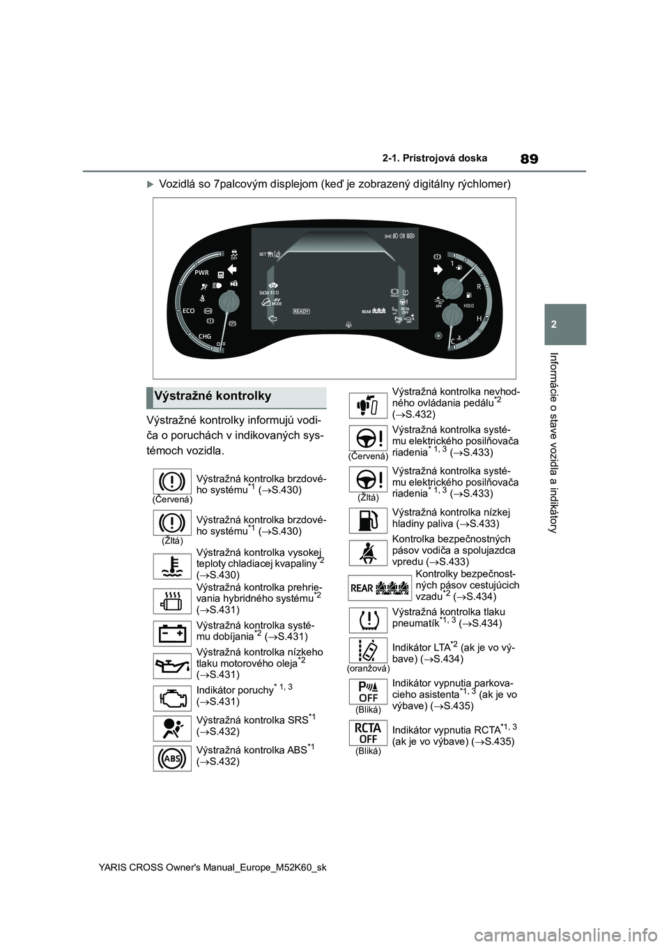 TOYOTA YARIS CROSS 2021 Návod na použitie (in Slovakian) 89
2
YARIS CROSS Owner's Manual_Europe_M52K60_sk
2-1. Prístrojová doska
Informácie o stave vozidla a indikátory
Vozidlá so 7palcovým displejom (keď je zobrazený digitálny rýchlomer)
TOYOTA YARIS CROSS 2021 Návod na použitie (in Slovakian) 89
2
YARIS CROSS Owner's Manual_Europe_M52K60_sk
2-1. Prístrojová doska
Informácie o stave vozidla a indikátory
Vozidlá so 7palcovým displejom (keď je zobrazený digitálny rýchlomer)