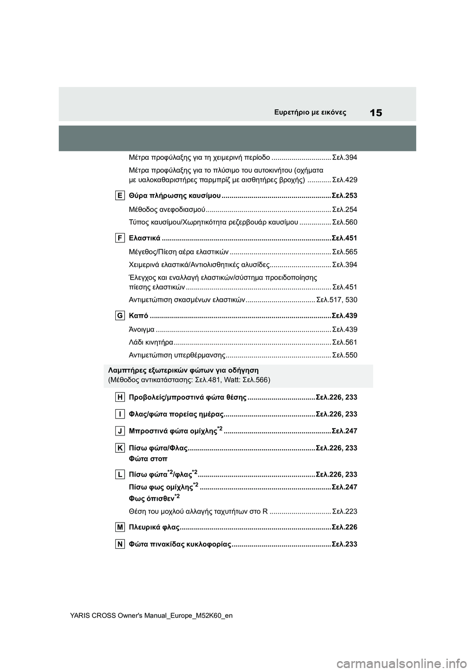 TOYOTA YARIS CROSS 2021 ΟΔΗΓΌΣ ΧΡΉΣΗΣ (in Greek) 15
YARIS CROSS Owners Manual_Europe_M52K60_en
Ευρετήριο με εικόνες
Μέτρα προφύλαξης για τη χειμερινή περίοδο..............................Σελ. TOYOTA YARIS CROSS 2021 ΟΔΗΓΌΣ ΧΡΉΣΗΣ (in Greek) 15
YARIS CROSS Owners Manual_Europe_M52K60_en
Ευρετήριο με εικόνες
Μέτρα προφύλαξης για τη χειμερινή περίοδο..............................Σελ.