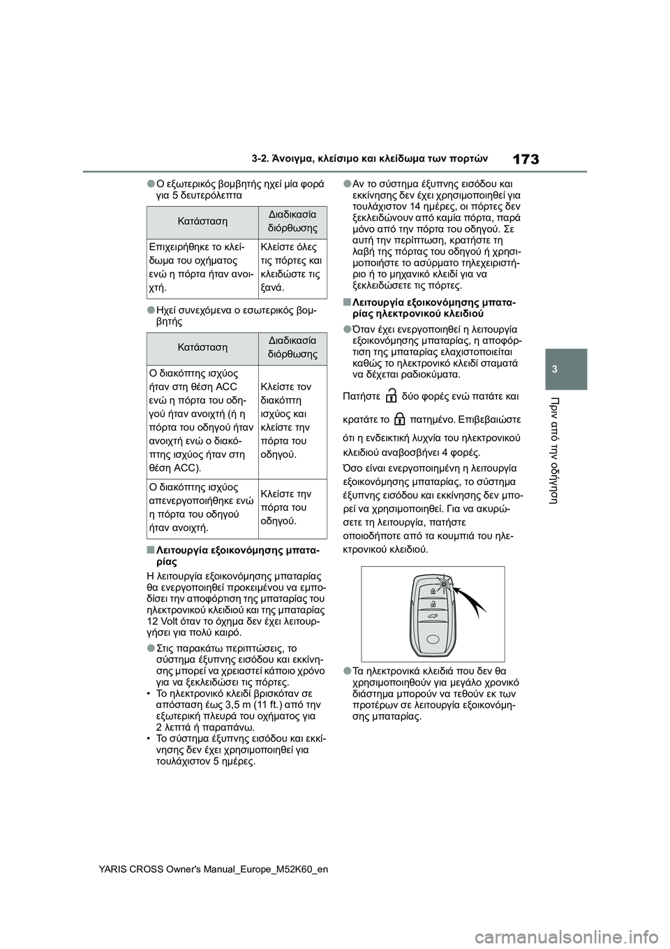 TOYOTA YARIS CROSS 2021  ΟΔΗΓΌΣ ΧΡΉΣΗΣ (in Greek) 173
3
YARIS CROSS Owners Manual_Europe_M52K60_en
3-2. Άνοιγμα, κλείσιμο και κλείδωμα των πορτών
Πριν από την οδήγηση
●Ο εξωτερικός β