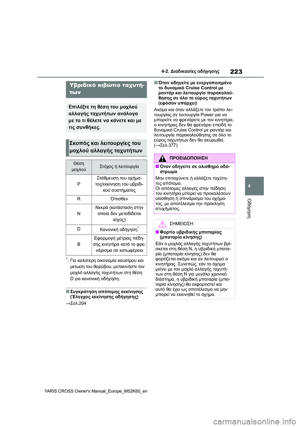 TOYOTA YARIS CROSS 2021 ΟΔΗΓΌΣ ΧΡΉΣΗΣ (in Greek) 223
4
YARIS CROSS Owners Manual_Europe_M52K60_en
4-2. Διαδικασίες οδήγησης
Οδήγηση
*:Για καλύτερη οικονομία καυσίμου και
μείωση του TOYOTA YARIS CROSS 2021 ΟΔΗΓΌΣ ΧΡΉΣΗΣ (in Greek) 223
4
YARIS CROSS Owners Manual_Europe_M52K60_en
4-2. Διαδικασίες οδήγησης
Οδήγηση
*:Για καλύτερη οικονομία καυσίμου και
μείωση του