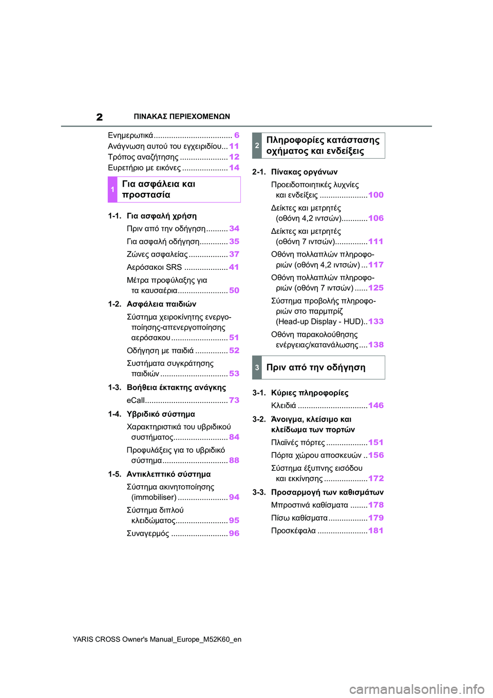 TOYOTA YARIS CROSS 2021  ΟΔΗΓΌΣ ΧΡΉΣΗΣ (in Greek) 2
YARIS CROSS Owners Manual_Europe_M52K60_en
ΠΙΝΑΚΑΣ ΠΕΡΙΕΧΟΜΕΝΩΝ
Ενημερωτικά....................................6
Ανάγνωση αυτού του εγχειριδί�