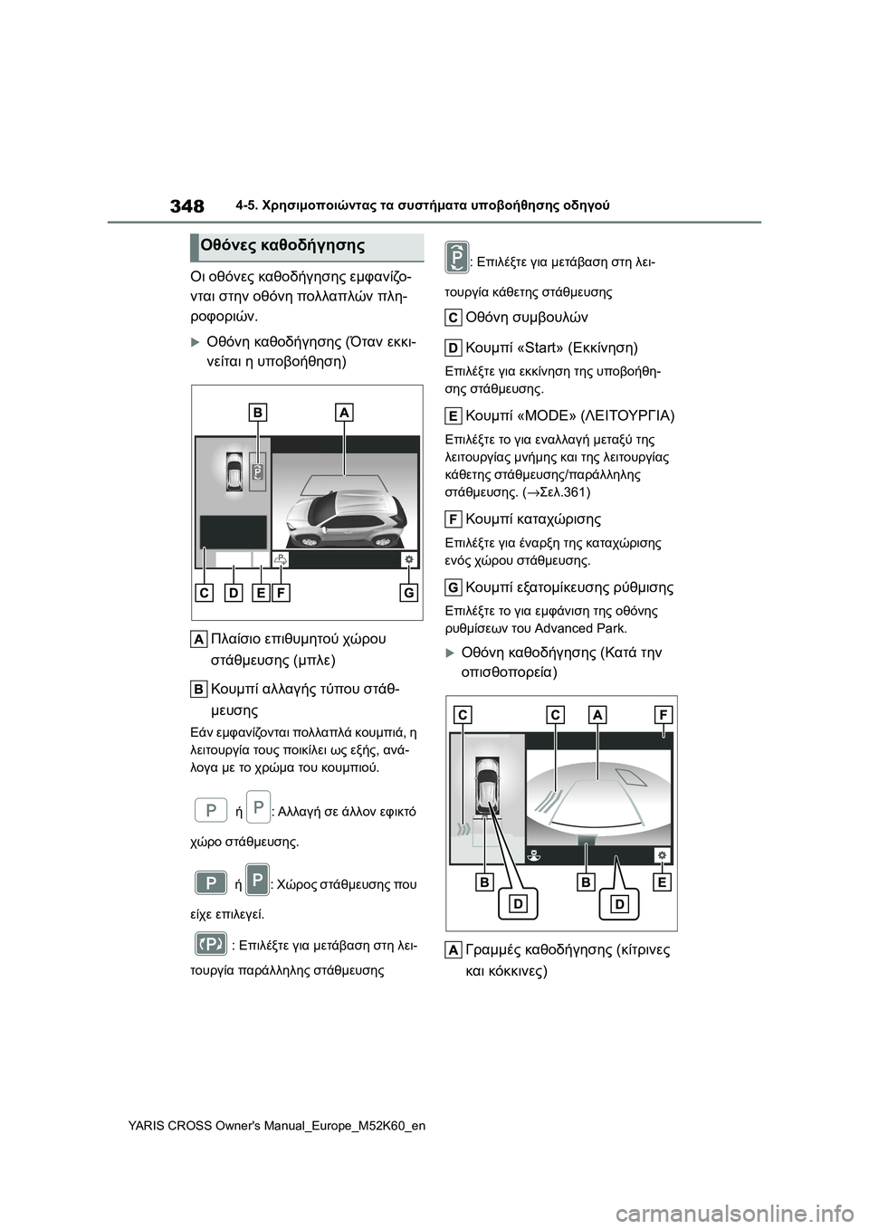 TOYOTA YARIS CROSS 2021  ΟΔΗΓΌΣ ΧΡΉΣΗΣ (in Greek) 348
YARIS CROSS Owners Manual_Europe_M52K60_en
4-5. Χρησιμοποιώντας τα συστήματα υποβοήθησης οδηγού
Οι οθόνες καθοδήγησης εμφανίζ