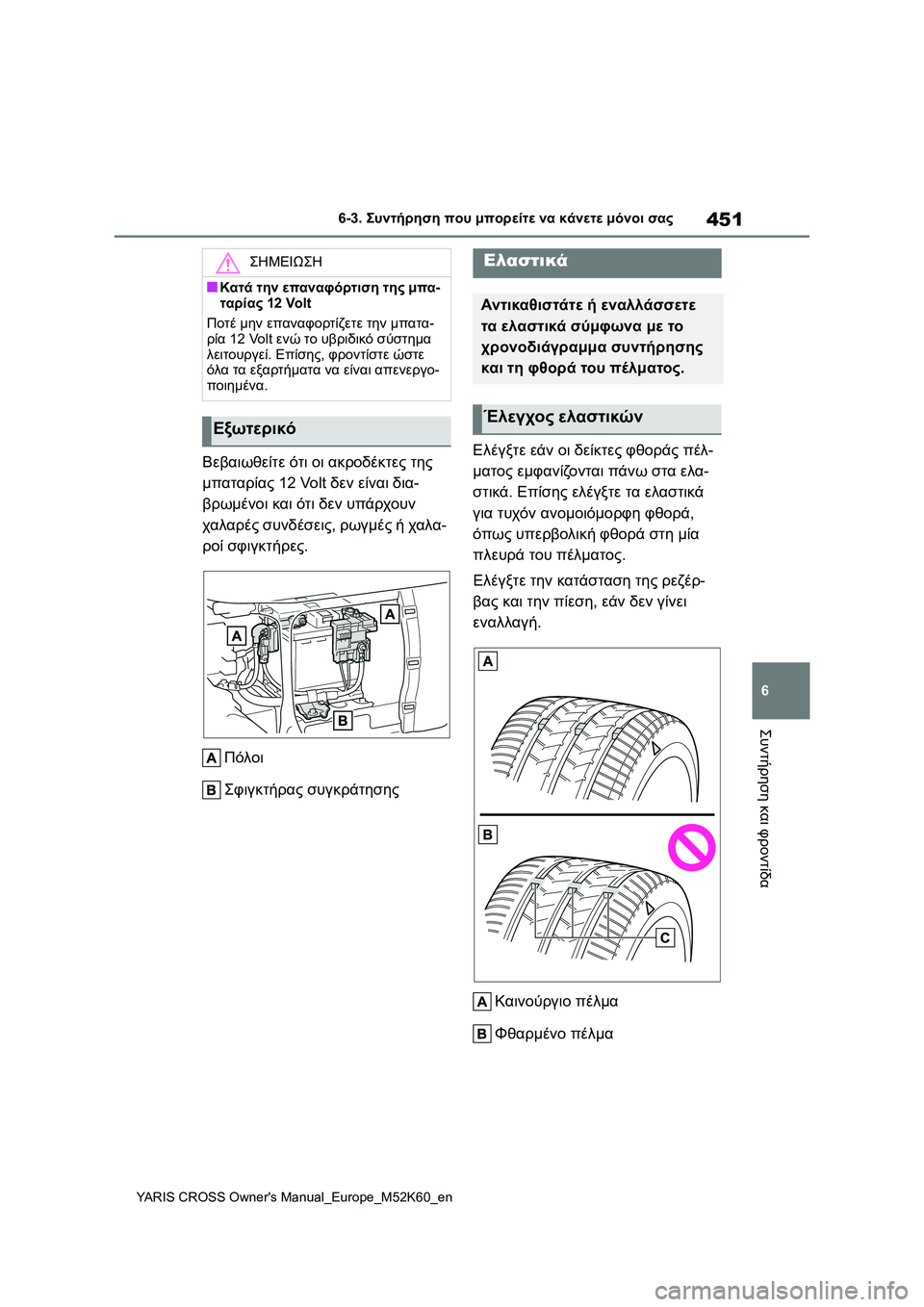 TOYOTA YARIS CROSS 2021  ΟΔΗΓΌΣ ΧΡΉΣΗΣ (in Greek) 451
6
YARIS CROSS Owners Manual_Europe_M52K60_en
6-3. Συντήρηση που μπορείτε να κάνετε μόνοι σας
Συντήρηση και φροντίδα
Βεβαιωθείτε 