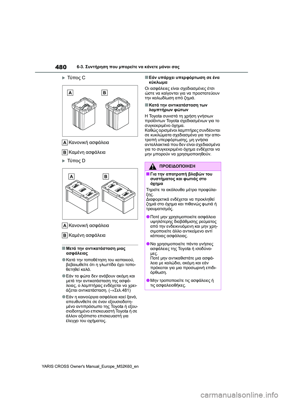 TOYOTA YARIS CROSS 2021  ΟΔΗΓΌΣ ΧΡΉΣΗΣ (in Greek) 480
YARIS CROSS Owners Manual_Europe_M52K60_en
6-3. Συντήρηση που μπορείτε να κάνετε μόνοι σας
Τύ π ο ς C
Κανονική ασφάλεια
Καμένη α