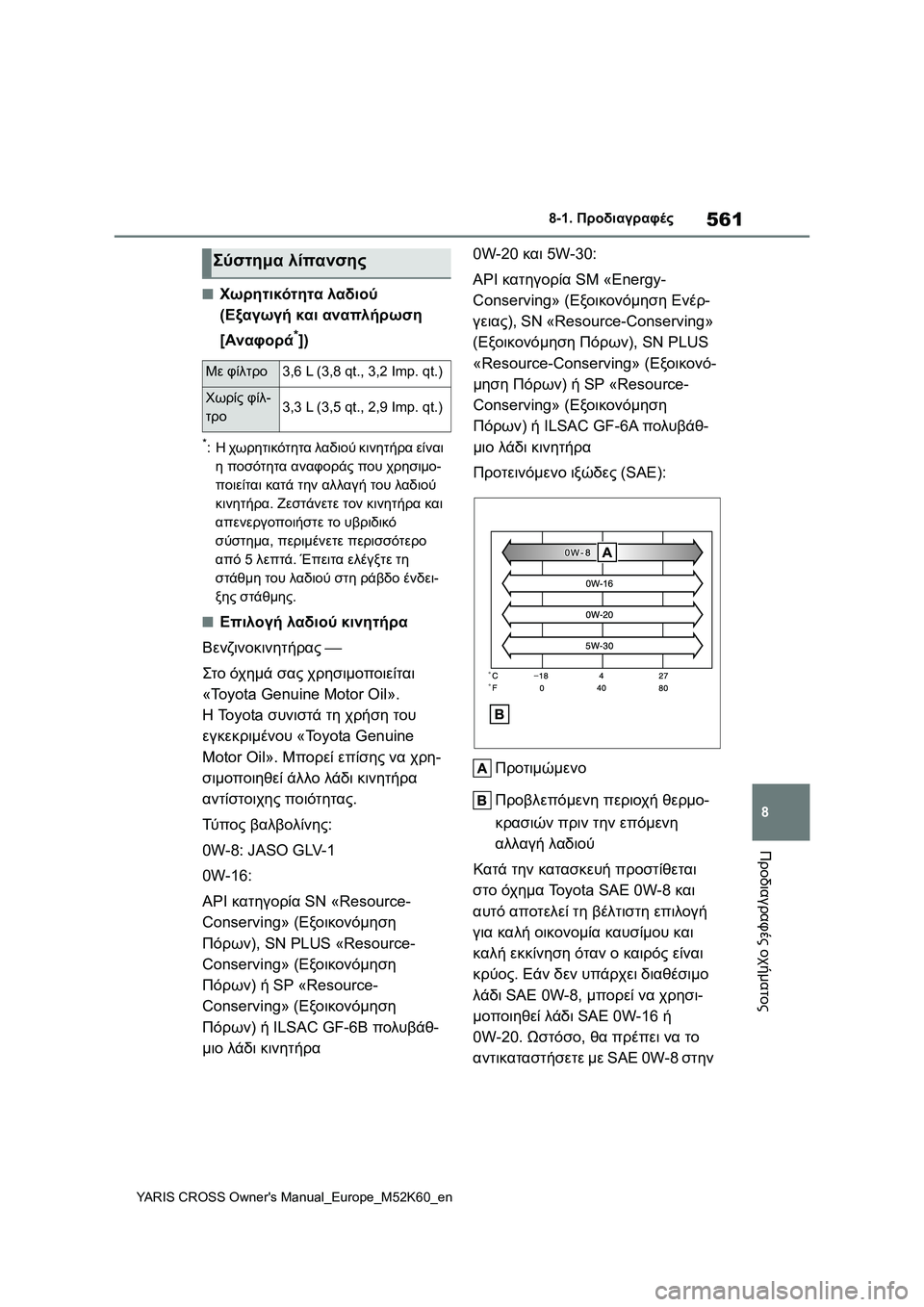 TOYOTA YARIS CROSS 2021  ΟΔΗΓΌΣ ΧΡΉΣΗΣ (in Greek) 561
8
YARIS CROSS Owners Manual_Europe_M52K60_en
8-1. Προδιαγραφές
Προδιαγραφές οχήματος
■Χωρητικότητα λαδιού 
(Εξαγωγή και αναπλή