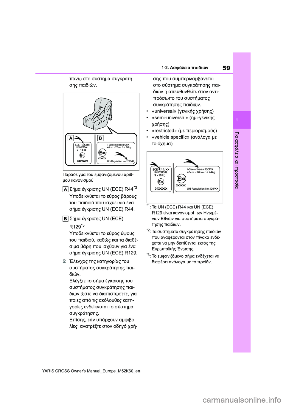 TOYOTA YARIS CROSS 2021 ΟΔΗΓΌΣ ΧΡΉΣΗΣ (in Greek) 59
1
YARIS CROSS Owners Manual_Europe_M52K60_en
1-2. Ασφάλεια παιδιών
Για ασφάλεια και προστασία
πάνω στο σύστημα συγκράτη-
σης παιδ TOYOTA YARIS CROSS 2021 ΟΔΗΓΌΣ ΧΡΉΣΗΣ (in Greek) 59
1
YARIS CROSS Owners Manual_Europe_M52K60_en
1-2. Ασφάλεια παιδιών
Για ασφάλεια και προστασία
πάνω στο σύστημα συγκράτη-
σης παιδ