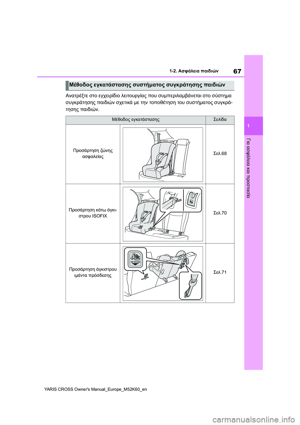 TOYOTA YARIS CROSS 2021 ΟΔΗΓΌΣ ΧΡΉΣΗΣ (in Greek) 67
1
YARIS CROSS Owners Manual_Europe_M52K60_en
1-2. Ασφάλεια παιδιών
Για ασφάλεια και προστασία
Ανατρέξτε στο εγχειρίδιο λειτουργ TOYOTA YARIS CROSS 2021 ΟΔΗΓΌΣ ΧΡΉΣΗΣ (in Greek) 67
1
YARIS CROSS Owners Manual_Europe_M52K60_en
1-2. Ασφάλεια παιδιών
Για ασφάλεια και προστασία
Ανατρέξτε στο εγχειρίδιο λειτουργ