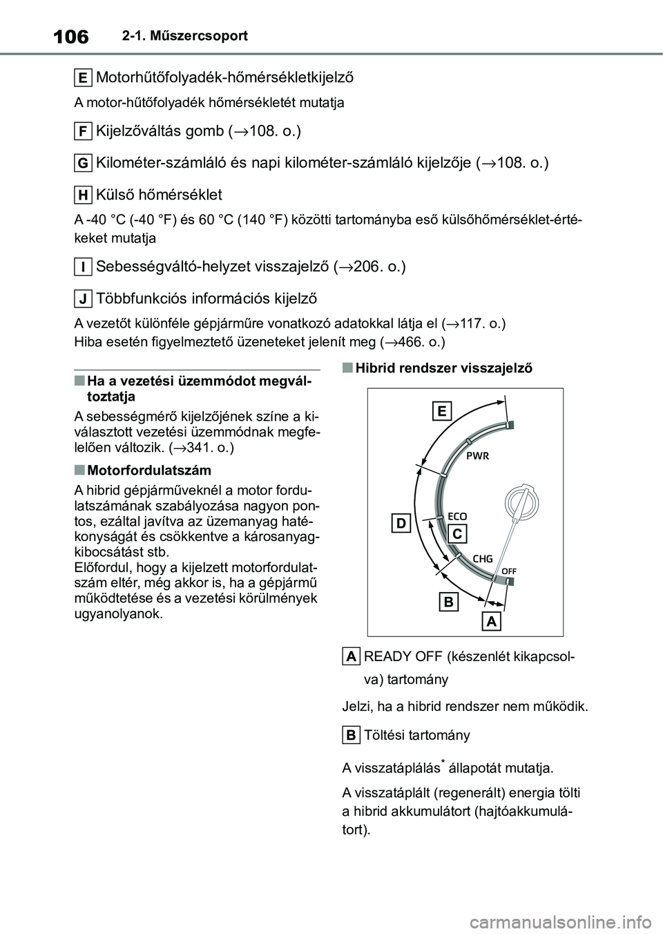 TOYOTA YARIS CROSS 2021 Kezelési útmutató (in Hungarian) 1062-1. Műszercsoport
Motorhűtőfolyadék-hőmérsékletkijelző
A motor-hűtőfolyadék hőmérsékletét mutatja
Kijelzőváltás gomb (→108. o.)
Kilométer-számláló és napi kilométer-szám TOYOTA YARIS CROSS 2021 Kezelési útmutató (in Hungarian) 1062-1. Műszercsoport
Motorhűtőfolyadék-hőmérsékletkijelző
A motor-hűtőfolyadék hőmérsékletét mutatja
Kijelzőváltás gomb (→108. o.)
Kilométer-számláló és napi kilométer-szám