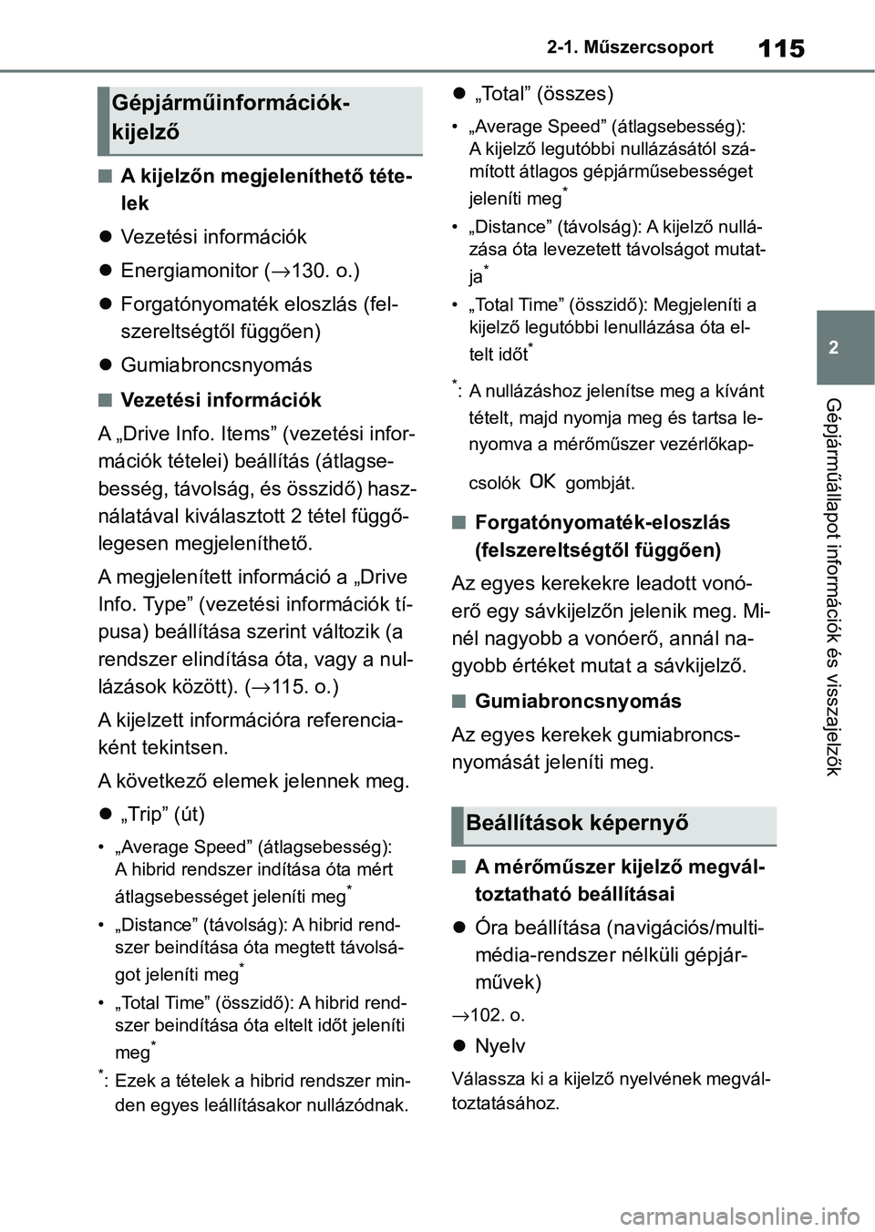 TOYOTA YARIS CROSS 2021 Kezelési útmutató (in Hungarian) 115
2
2-1. Műszercsoport
Gépjárműállapot információk és visszajelzők
nA kijelzőn megjeleníthető téte-
lek
Vezetési információk
Energiamonitor ( →130. o.)
Forgatónyomaté TOYOTA YARIS CROSS 2021 Kezelési útmutató (in Hungarian) 115
2
2-1. Műszercsoport
Gépjárműállapot információk és visszajelzők
nA kijelzőn megjeleníthető téte-
lek
Vezetési információk
Energiamonitor ( →130. o.)
Forgatónyomaté