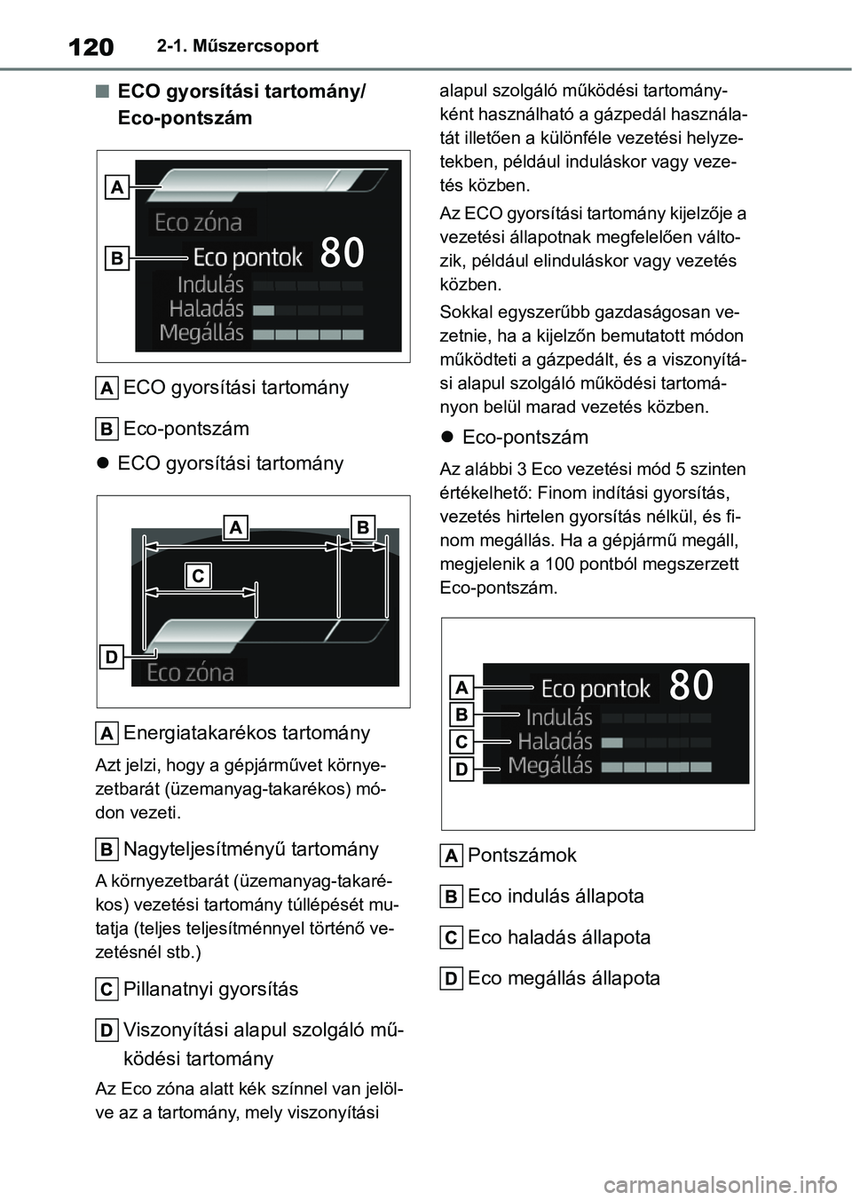 TOYOTA YARIS CROSS 2021 Kezelési útmutató (in Hungarian) 1202-1. Műszercsoport
nECO gyorsítási tartomány/
Eco-pontszámECO gyorsítási tartomány
Eco-pontszám
ECO gyorsítási tartomány
Energiatakarékos tartomány
Azt jelzi, hogy a gépjárműv TOYOTA YARIS CROSS 2021 Kezelési útmutató (in Hungarian) 1202-1. Műszercsoport
nECO gyorsítási tartomány/
Eco-pontszámECO gyorsítási tartomány
Eco-pontszám
ECO gyorsítási tartomány
Energiatakarékos tartomány
Azt jelzi, hogy a gépjárműv