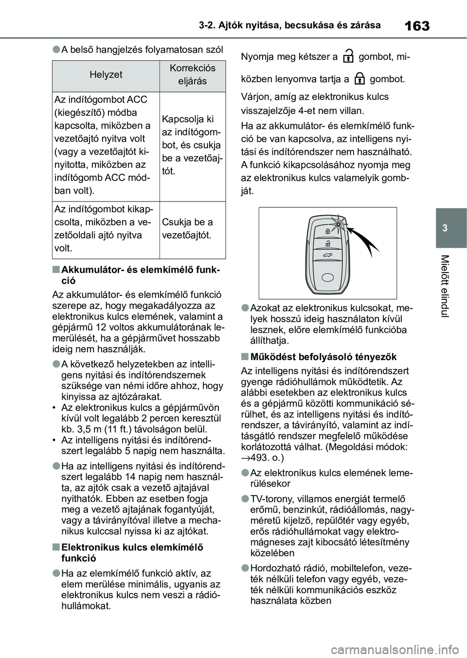 TOYOTA YARIS CROSS 2021 Kezelési útmutató (in Hungarian) 163
3
3-2. Ajtók nyitása, becsukása és zárása
Mielőtt elindul
lA belső hangjelzés folyamatosan szól
nAkkumulátor- és elemkímélő funk-
ció
Az akkumulátor- és elemkímélő funkció
s TOYOTA YARIS CROSS 2021 Kezelési útmutató (in Hungarian) 163
3
3-2. Ajtók nyitása, becsukása és zárása
Mielőtt elindul
lA belső hangjelzés folyamatosan szól
nAkkumulátor- és elemkímélő funk-
ció
Az akkumulátor- és elemkímélő funkció
s