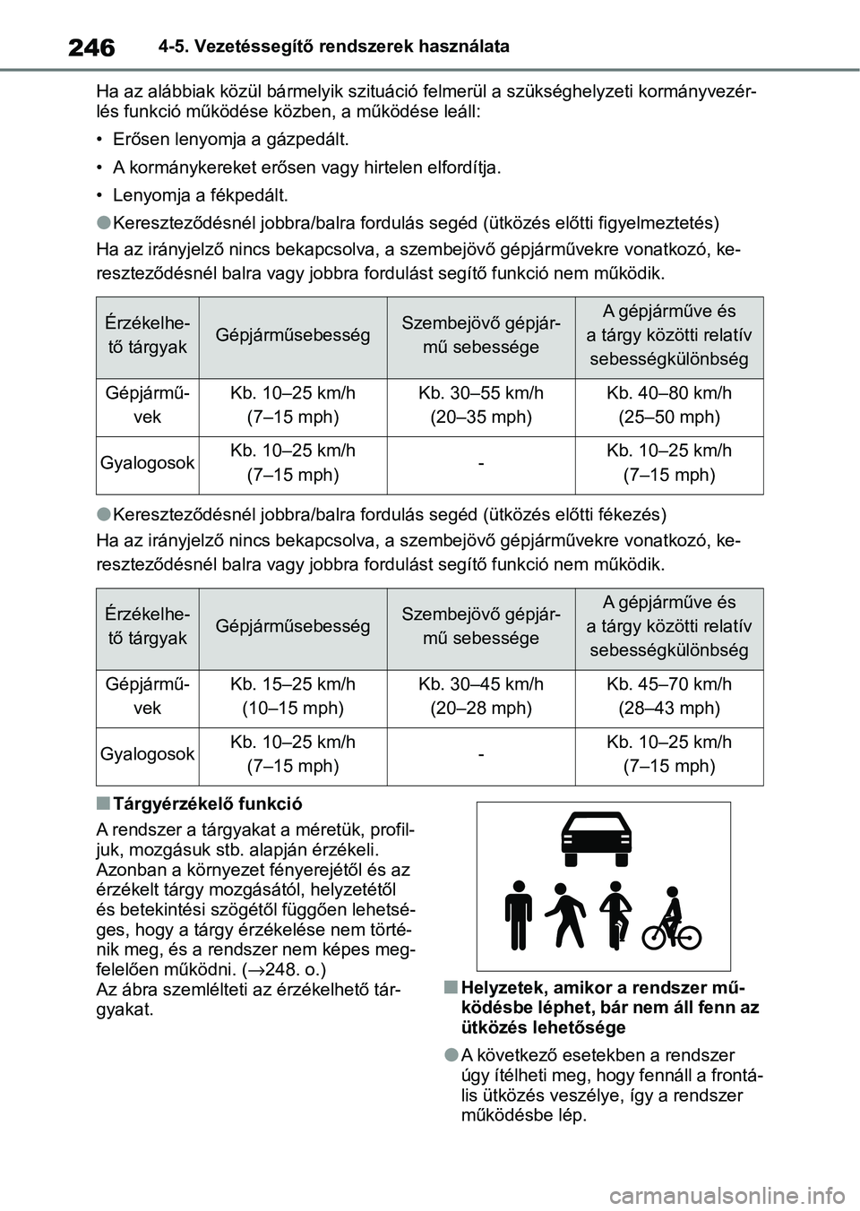 TOYOTA YARIS CROSS 2021 Kezelési útmutató (in Hungarian) 2464-5. Vezetéssegítő rendszerek használata
Ha az alábbiak közül bá rmelyik szituáció felmerül a szükséghely zeti kormányvezér-
lés funkció működése közben, a működése leáll:
TOYOTA YARIS CROSS 2021 Kezelési útmutató (in Hungarian) 2464-5. Vezetéssegítő rendszerek használata
Ha az alábbiak közül bá rmelyik szituáció felmerül a szükséghely zeti kormányvezér-
lés funkció működése közben, a működése leáll: