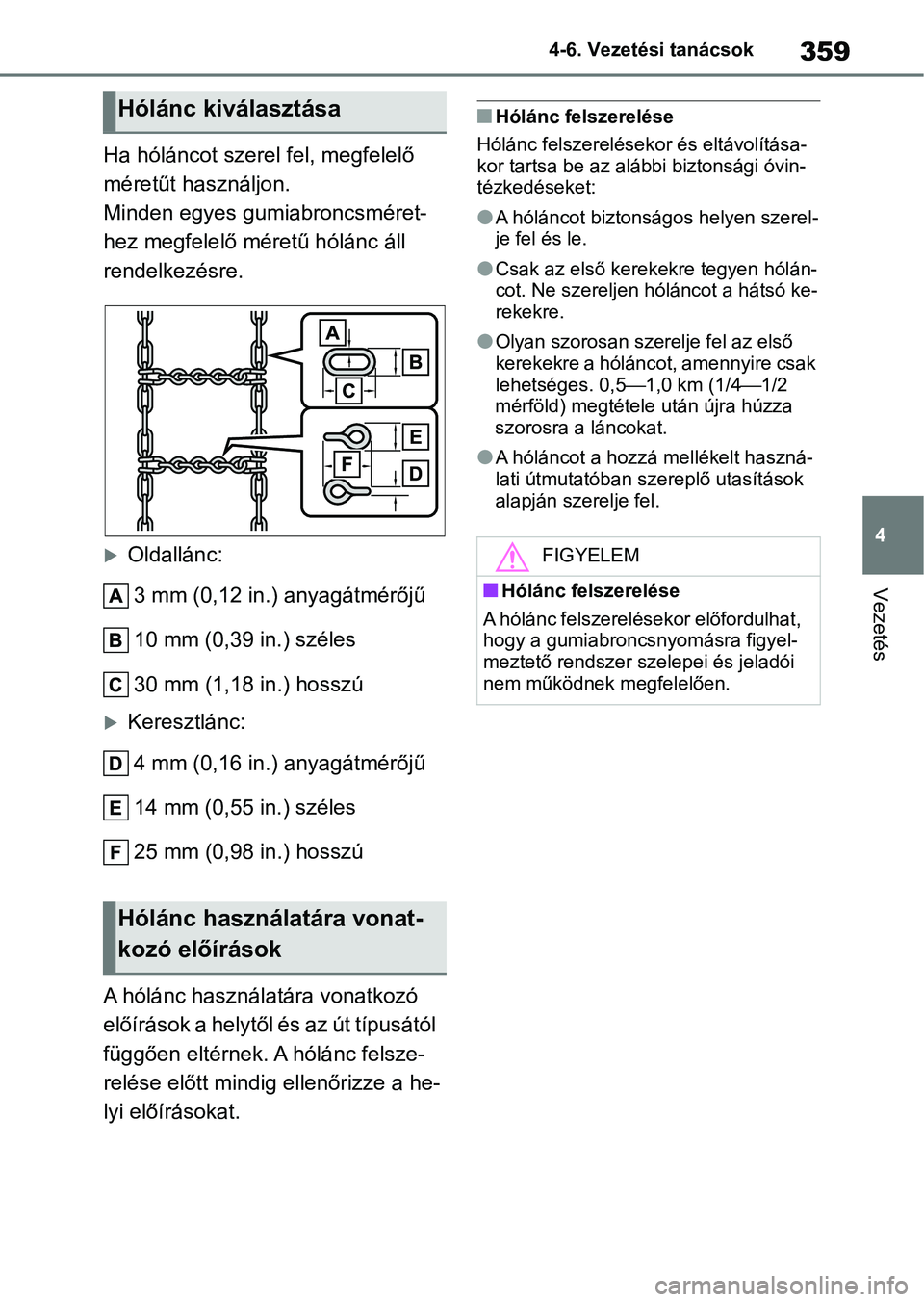 TOYOTA YARIS CROSS 2021 Kezelési útmutató (in Hungarian) 359
4
4-6. Vezetési tanácsok
Vezetés
Ha hóláncot szerel
fel, megfelelő
méretűt használjon.
Minden egyes gumiabroncsméret-
hez megfelelő méretű hólánc áll
rendelkezésre.
Oldallá TOYOTA YARIS CROSS 2021 Kezelési útmutató (in Hungarian) 359
4
4-6. Vezetési tanácsok
Vezetés
Ha hóláncot szerel
fel, megfelelő
méretűt használjon.
Minden egyes gumiabroncsméret-
hez megfelelő méretű hólánc áll
rendelkezésre.
Oldallá