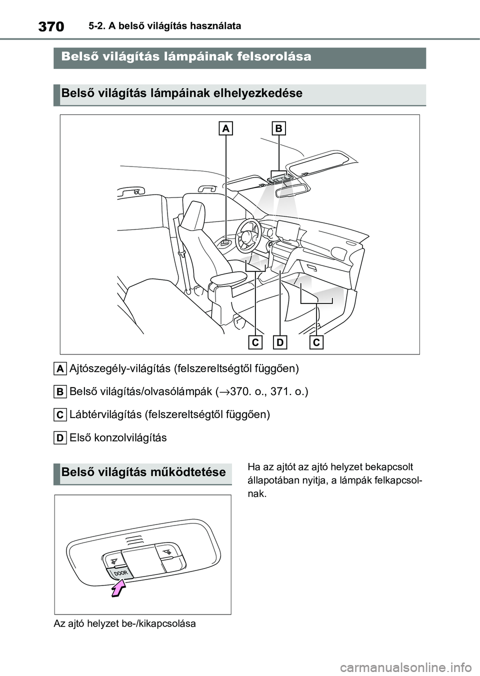 TOYOTA YARIS CROSS 2021  Kezelési útmutató (in Hungarian) 3705-2. A belső világítás használata
5-2.A belső világítás használata
Ajtószegély-világítás (felszereltségtől függően)
Belső világítás/ olvasólámpák ( →370. o., 371. o.)
L