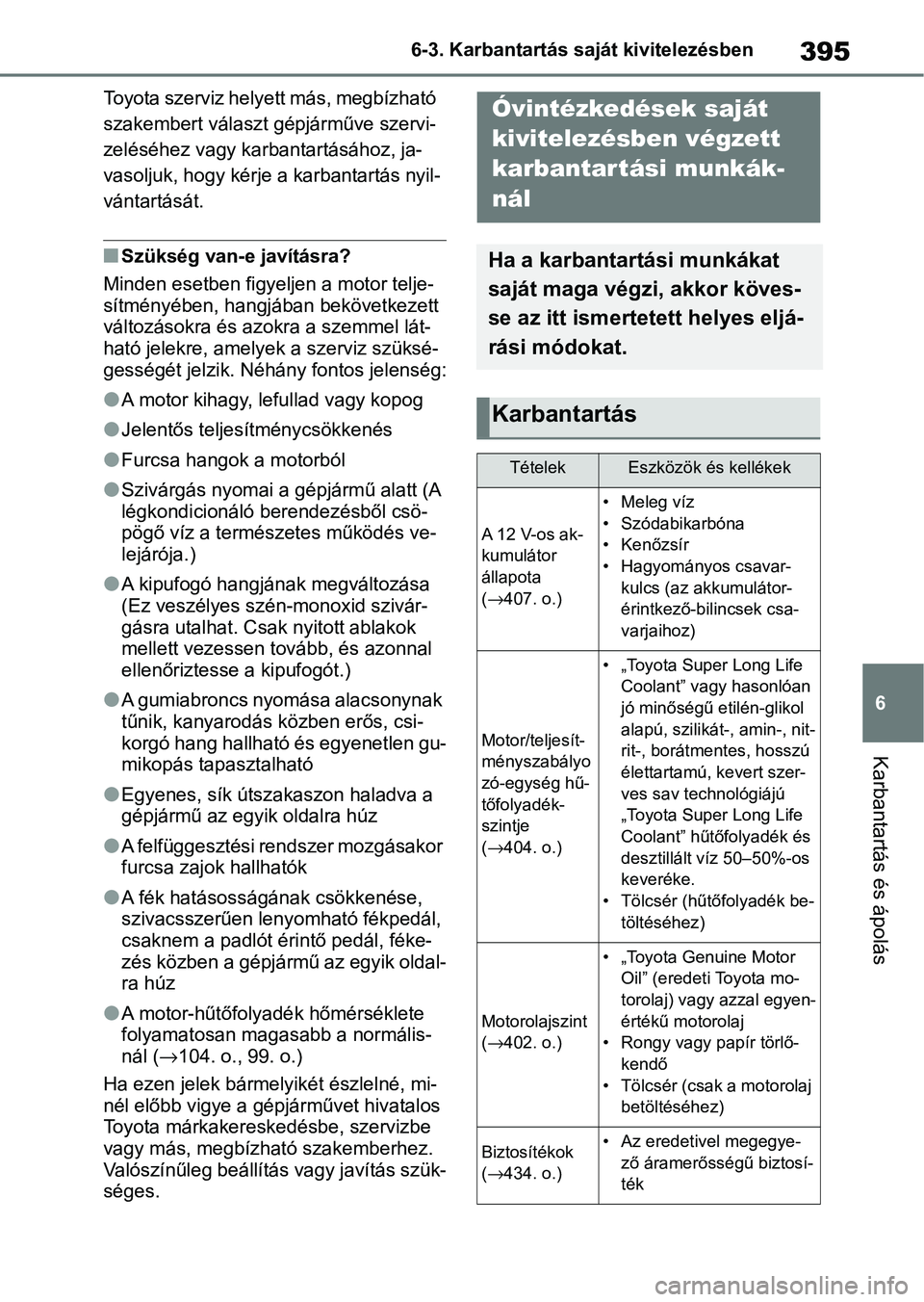 TOYOTA YARIS CROSS 2021  Kezelési útmutató (in Hungarian) 395
6
6-3. Karbantartás saját kivitelezésben
Karbantartás és ápolás
Toyota szerviz helyett más, megbízható 
szakembert választ g
épjárműve szervi-
zeléséhez vagy karbantartásához, ja