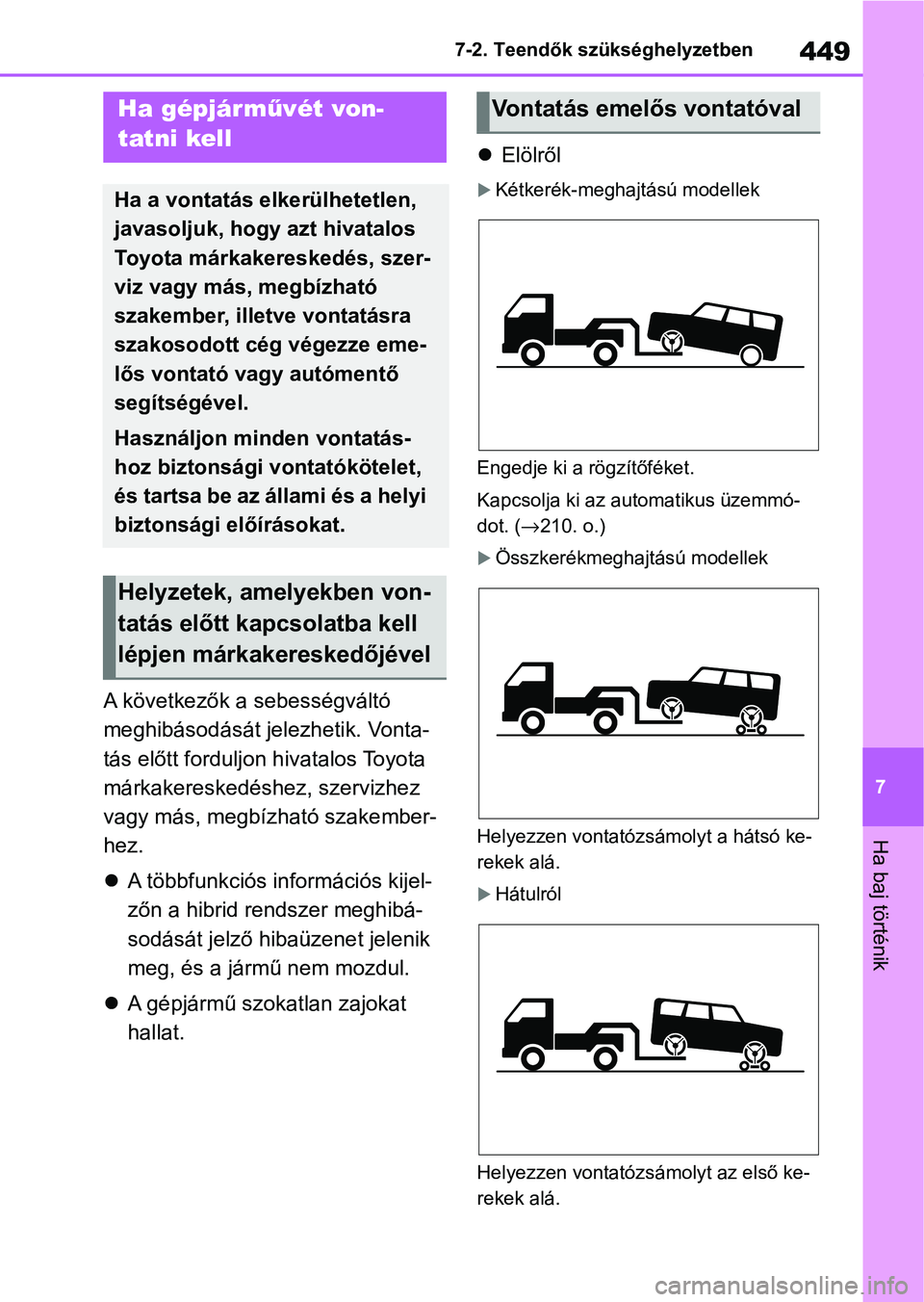 TOYOTA YARIS CROSS 2021 Kezelési útmutató (in Hungarian) 449
7
7-2. Teendők szükséghelyzetben
Ha baj történik
7-2.Teendők szükséghelyzetben
A következők a sebességváltó
meghibásodását jelezhetik. Vonta-
tás előtt forduljon hivatalos Toyot TOYOTA YARIS CROSS 2021 Kezelési útmutató (in Hungarian) 449
7
7-2. Teendők szükséghelyzetben
Ha baj történik
7-2.Teendők szükséghelyzetben
A következők a sebességváltó
meghibásodását jelezhetik. Vonta-
tás előtt forduljon hivatalos Toyot