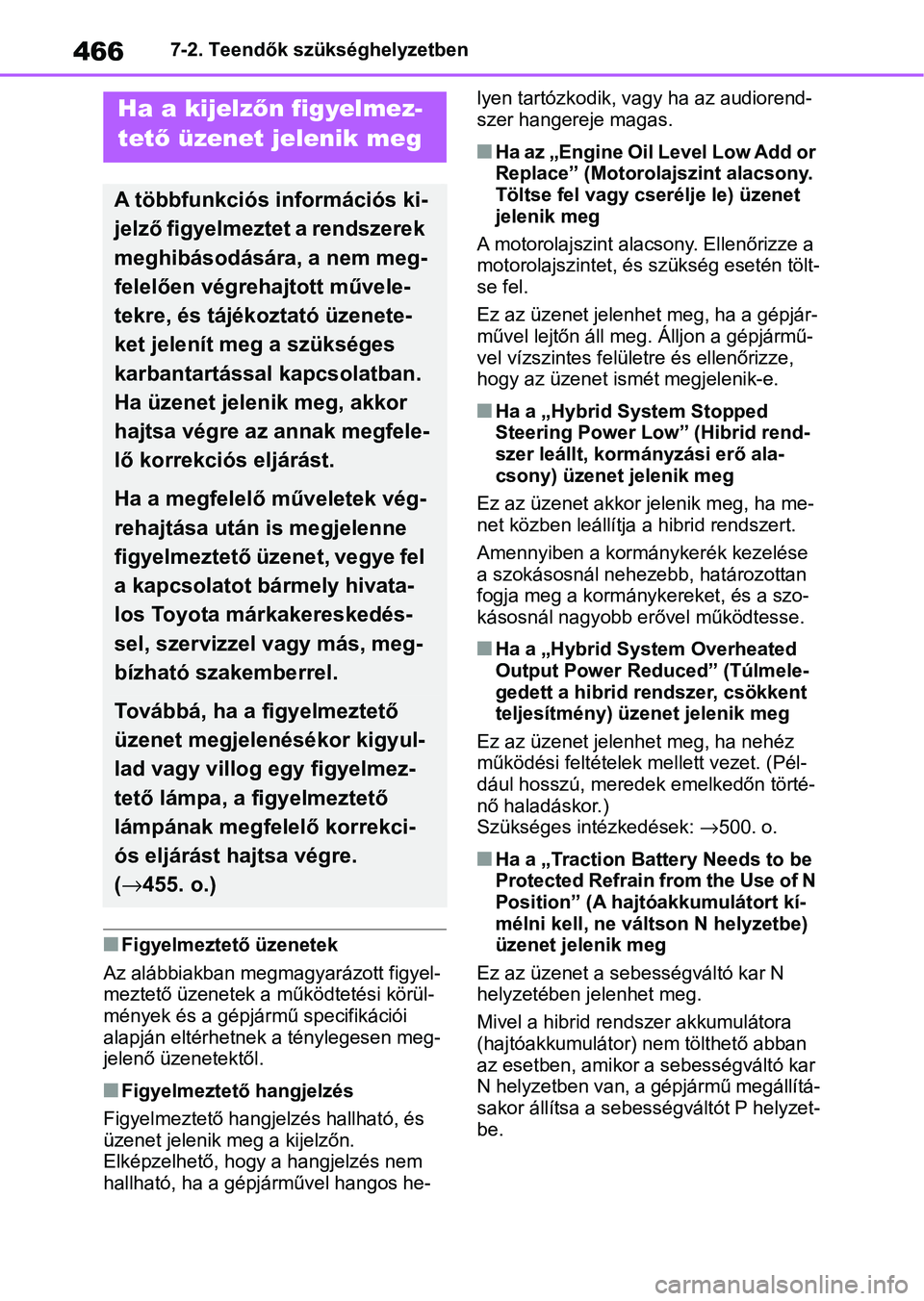 TOYOTA YARIS CROSS 2021 Kezelési útmutató (in Hungarian) 4667-2. Teendők szükséghelyzetben
nFigyelmeztető üzenetek
Az alábbiakban megmagyarázott figyel-
meztető üzenetek a m űködtetési körül-
mények és a gépjármű specifikációi
alapján TOYOTA YARIS CROSS 2021 Kezelési útmutató (in Hungarian) 4667-2. Teendők szükséghelyzetben
nFigyelmeztető üzenetek
Az alábbiakban megmagyarázott figyel-
meztető üzenetek a m űködtetési körül-
mények és a gépjármű specifikációi
alapján