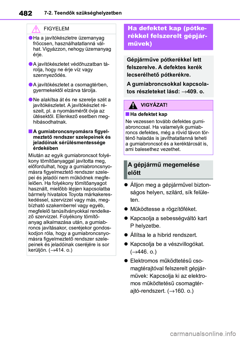 TOYOTA YARIS CROSS 2021 Kezelési útmutató (in Hungarian) 4827-2. Teendők szükséghelyzetben
Álljon meg a gépjárművel bizton-
ságos helyen, szilá rd, sík felüle-
ten.
Működtesse a rögzítőféket.
Kapcsolja a sebességváltó kart
P TOYOTA YARIS CROSS 2021 Kezelési útmutató (in Hungarian) 4827-2. Teendők szükséghelyzetben
Álljon meg a gépjárművel bizton-
ságos helyen, szilá rd, sík felüle-
ten.
Működtesse a rögzítőféket.
Kapcsolja a sebességváltó kart
P