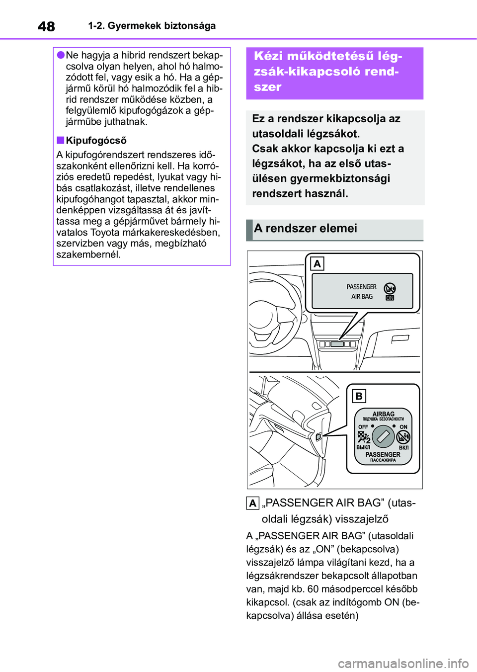 TOYOTA YARIS CROSS 2021 Kezelési útmutató (in Hungarian) 481-2. Gyermekek biztonsága
1-2.Gyermekek biztonsága
„PASSENGER AIR BAG” (utas-
oldali légzsák) visszajelző
A „PASSENGER AIR BAG” (utasoldali
légzsák) és az „ON” (bekapcsolva)
vi TOYOTA YARIS CROSS 2021 Kezelési útmutató (in Hungarian) 481-2. Gyermekek biztonsága
1-2.Gyermekek biztonsága
„PASSENGER AIR BAG” (utas-
oldali légzsák) visszajelző
A „PASSENGER AIR BAG” (utasoldali
légzsák) és az „ON” (bekapcsolva)
vi