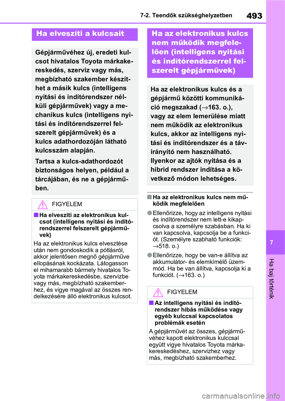 TOYOTA YARIS CROSS 2021 Kezelési útmutató (in Hungarian) 493
7
7-2. Teendők szükséghelyzetben
Ha baj történik
nHa az elektroniku
s kulcs nem mű-
ködik megfelelően
lEllenőrizze, hogy az intelligens nyitási
és indítórendszer nem lett-e kikap-
cs TOYOTA YARIS CROSS 2021 Kezelési útmutató (in Hungarian) 493
7
7-2. Teendők szükséghelyzetben
Ha baj történik
nHa az elektroniku
s kulcs nem mű-
ködik megfelelően
lEllenőrizze, hogy az intelligens nyitási
és indítórendszer nem lett-e kikap-
cs