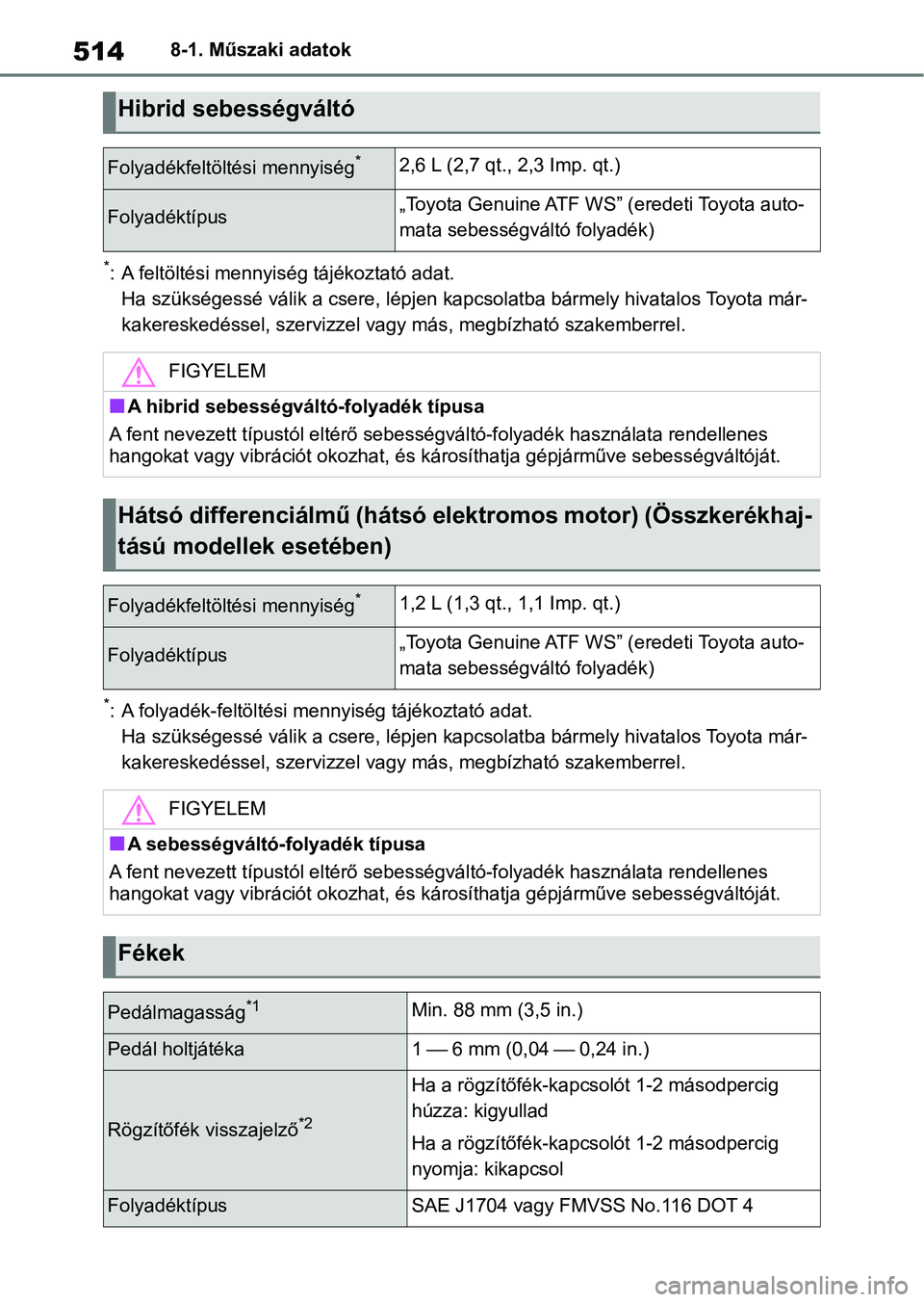 TOYOTA YARIS CROSS 2021 Kezelési útmutató (in Hungarian) 5148-1. Műszaki adatok
*: A feltöltési mennyiség tájékoztató adat.
Ha szükségessé válik a csere, lépjen kapcsolatba bármely hivata los Toyota már-
kakereskedéssel, szerv izzel vagy má TOYOTA YARIS CROSS 2021 Kezelési útmutató (in Hungarian) 5148-1. Műszaki adatok
*: A feltöltési mennyiség tájékoztató adat.
Ha szükségessé válik a csere, lépjen kapcsolatba bármely hivata los Toyota már-
kakereskedéssel, szerv izzel vagy má