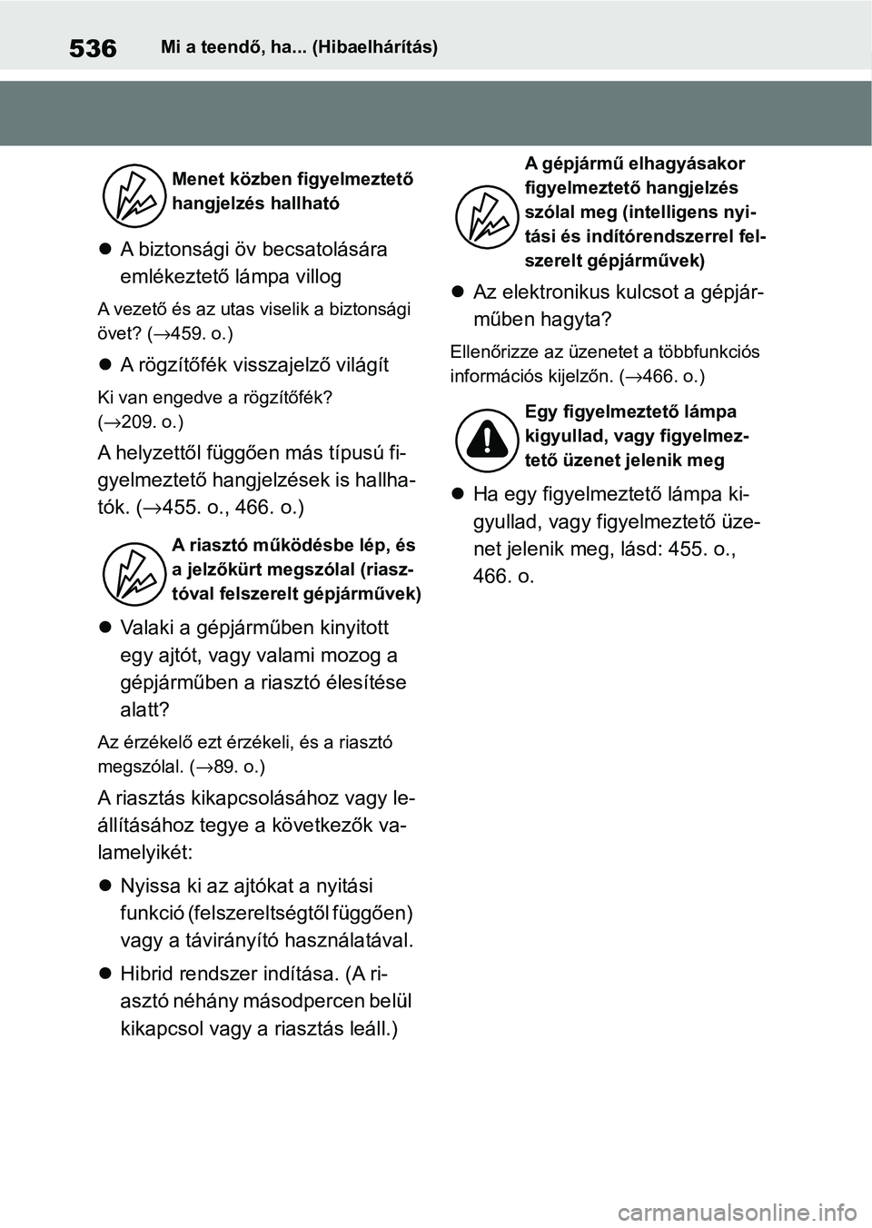 TOYOTA YARIS CROSS 2021 Kezelési útmutató (in Hungarian) 536Mi a teendő, ha... (Hibaelhárítás)
A biztonsági öv becsatolására
emlékeztető lámpa villog
A vezető és az utas viselik a biztonsági
övet? ( →459. o.)
A rögzítőfék vissza TOYOTA YARIS CROSS 2021 Kezelési útmutató (in Hungarian) 536Mi a teendő, ha... (Hibaelhárítás)
A biztonsági öv becsatolására
emlékeztető lámpa villog
A vezető és az utas viselik a biztonsági
övet? ( →459. o.)
A rögzítőfék vissza