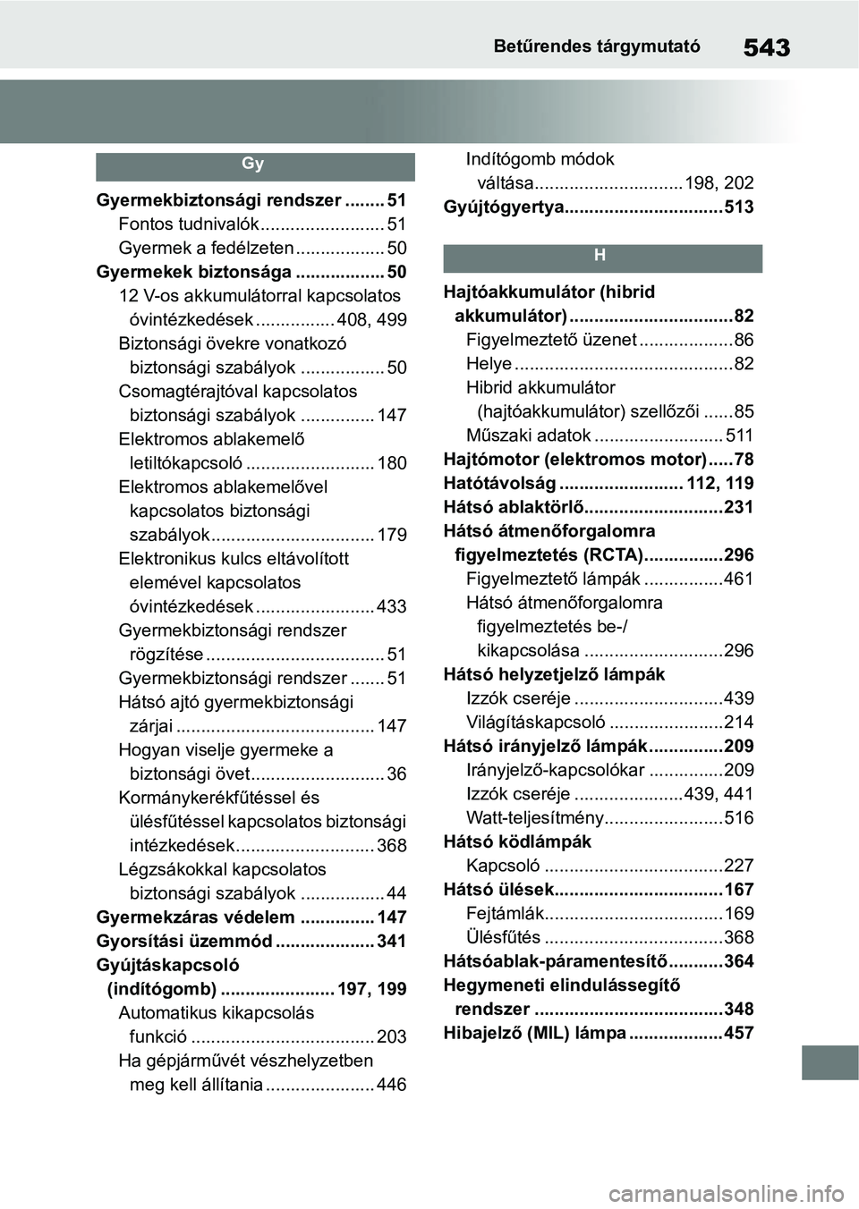 TOYOTA YARIS CROSS 2021 Kezelési útmutató (in Hungarian) 543Betűrendes tárgymutató
Gy
Gyermekbiztonsági rendszer ........ 51Fontos tudnivalók .... ..................... 51
Gyermek a fedélzeten .................. 50
Gyermekek biztonsága .............. TOYOTA YARIS CROSS 2021 Kezelési útmutató (in Hungarian) 543Betűrendes tárgymutató
Gy
Gyermekbiztonsági rendszer ........ 51Fontos tudnivalók .... ..................... 51
Gyermek a fedélzeten .................. 50
Gyermekek biztonsága ..............