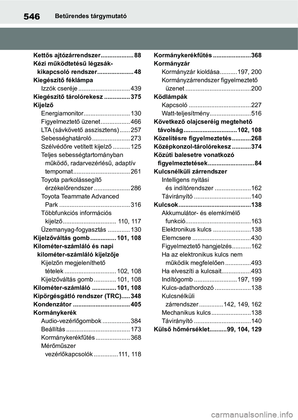 TOYOTA YARIS CROSS 2021 Kezelési útmutató (in Hungarian) 546Betűrendes tárgymutató
Kettős ajtózárrendszer................... 88
Kézi működtetésű légzsák- kikapcsoló rendszer..................... 48
Kiegészítő féklámpa Izzók cseréje .... TOYOTA YARIS CROSS 2021 Kezelési útmutató (in Hungarian) 546Betűrendes tárgymutató
Kettős ajtózárrendszer................... 88
Kézi működtetésű légzsák- kikapcsoló rendszer..................... 48
Kiegészítő féklámpa Izzók cseréje ....