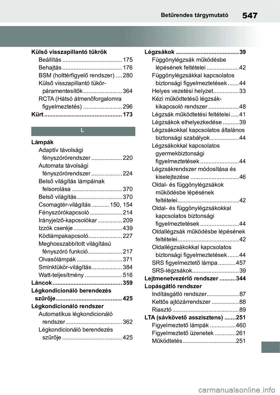 TOYOTA YARIS CROSS 2021 Kezelési útmutató (in Hungarian) 547Betűrendes tárgymutató
Külső visszapillantó tükrökBeállítás ..................................... 175
Behajtás ..................................... 176
BSM (holttérfigyelő rendszer) TOYOTA YARIS CROSS 2021 Kezelési útmutató (in Hungarian) 547Betűrendes tárgymutató
Külső visszapillantó tükrökBeállítás ..................................... 175
Behajtás ..................................... 176
BSM (holttérfigyelő rendszer)