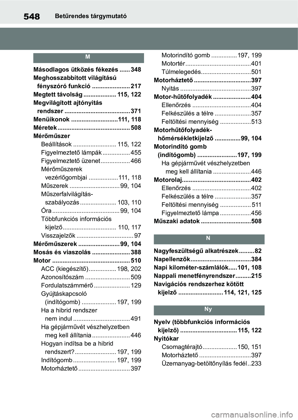TOYOTA YARIS CROSS 2021 Kezelési útmutató (in Hungarian) 548Betűrendes tárgymutató
M
Másodlagos ütközés fékezés ...... 348
Meghosszabbított világítású
fényszóró funkció ...................... 217
Megtett távolság ................... 115 TOYOTA YARIS CROSS 2021 Kezelési útmutató (in Hungarian) 548Betűrendes tárgymutató
M
Másodlagos ütközés fékezés ...... 348
Meghosszabbított világítású
fényszóró funkció ...................... 217
Megtett távolság ................... 115