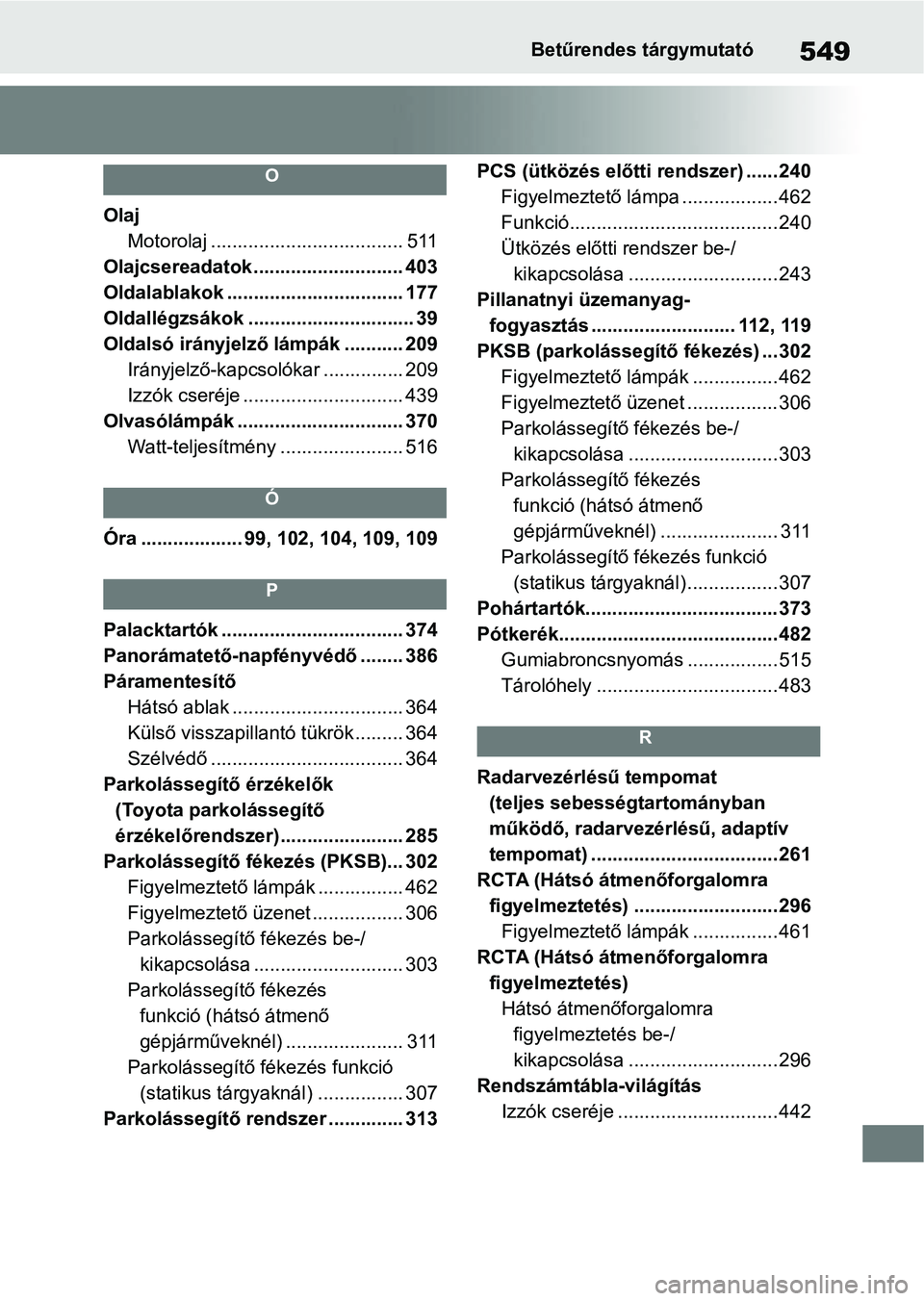 TOYOTA YARIS CROSS 2021 Kezelési útmutató (in Hungarian) 549Betűrendes tárgymutató
O
OlajMotorolaj .................................... 511
Olajcsereadatok ......... ................... 403
Oldalablakok ................................. 177
Oldallégzsá TOYOTA YARIS CROSS 2021 Kezelési útmutató (in Hungarian) 549Betűrendes tárgymutató
O
OlajMotorolaj .................................... 511
Olajcsereadatok ......... ................... 403
Oldalablakok ................................. 177
Oldallégzsá