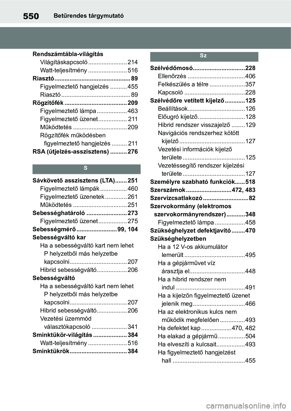 TOYOTA YARIS CROSS 2021 Kezelési útmutató (in Hungarian) 550Betűrendes tárgymutató
Rendszámtábla-világítás Világításkapcsoló ....................... 214
Watt-teljesítmény ....................... 516
Riasztó.................................... TOYOTA YARIS CROSS 2021 Kezelési útmutató (in Hungarian) 550Betűrendes tárgymutató
Rendszámtábla-világítás Világításkapcsoló ....................... 214
Watt-teljesítmény ....................... 516
Riasztó....................................