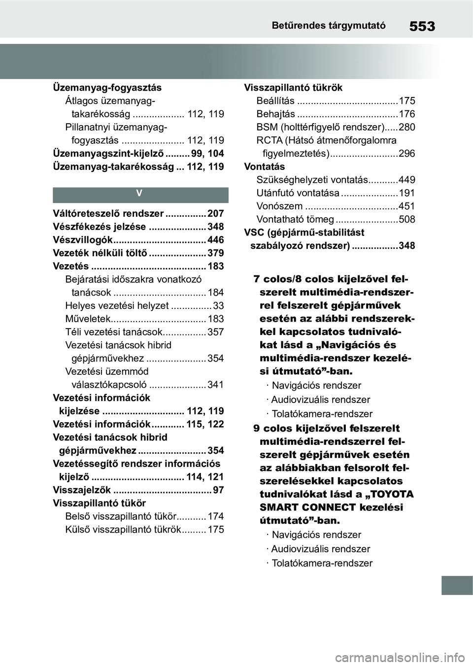 TOYOTA YARIS CROSS 2021 Kezelési útmutató (in Hungarian) 553Betűrendes tárgymutató
Üzemanyag-fogyasztásÁtlagos üzemanyag-takarékosság ................... 112, 119
Pillanatnyi üzemanyag- fogyasztás ....................... 112, 119
Üzemanyagszint- TOYOTA YARIS CROSS 2021 Kezelési útmutató (in Hungarian) 553Betűrendes tárgymutató
Üzemanyag-fogyasztásÁtlagos üzemanyag-takarékosság ................... 112, 119
Pillanatnyi üzemanyag- fogyasztás ....................... 112, 119
Üzemanyagszint-