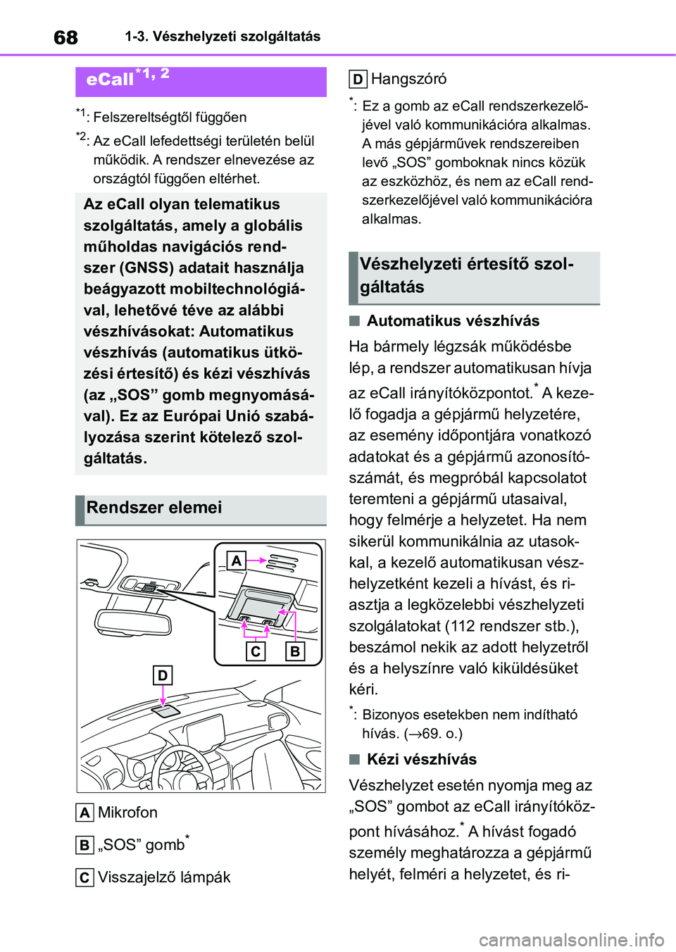 TOYOTA YARIS CROSS 2021 Kezelési útmutató (in Hungarian) 681-3. Vészhelyzeti szolgáltatás
1-3.Vészhelyzeti szolgáltatás
*1: Felszereltségtől függően
*2: Az eCall lefedettségi területén belül
működik. A rendsze r elnevezése az
országtól TOYOTA YARIS CROSS 2021 Kezelési útmutató (in Hungarian) 681-3. Vészhelyzeti szolgáltatás
1-3.Vészhelyzeti szolgáltatás
*1: Felszereltségtől függően
*2: Az eCall lefedettségi területén belül
működik. A rendsze r elnevezése az
országtól