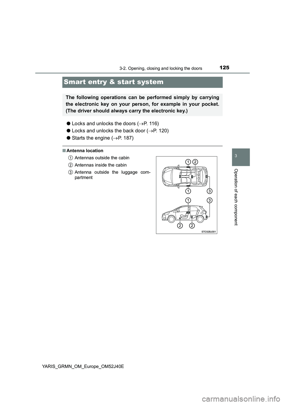 TOYOTA YARIS GRMN 2017 Owners Manual 125
3
3-2. Opening, closing and locking the doors
Operation of each component
YARIS_GRMN_OM_Europe_OM52J40E
Smart entry & start system
●Locks and unlocks the doors (P. 1 1 6 )
● Locks and unl TOYOTA YARIS GRMN 2017 Owners Manual 125
3
3-2. Opening, closing and locking the doors
Operation of each component
YARIS_GRMN_OM_Europe_OM52J40E
Smart entry & start system
●Locks and unlocks the doors (P. 1 1 6 )
● Locks and unl