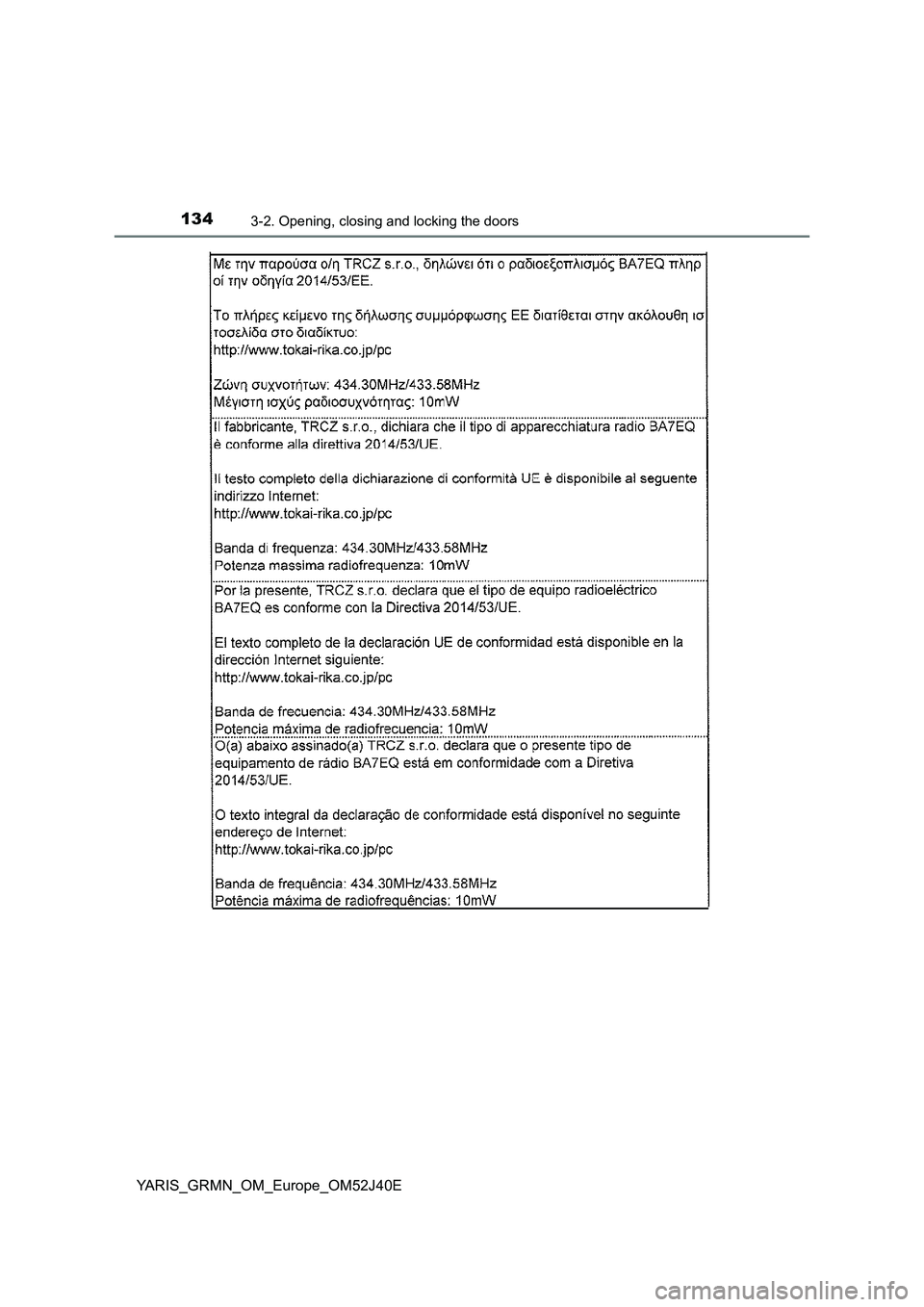TOYOTA YARIS GRMN 2017  Owners Manual 1343-2. Opening, closing and locking the doors
YARIS_GRMN_OM_Europe_OM52J40E 