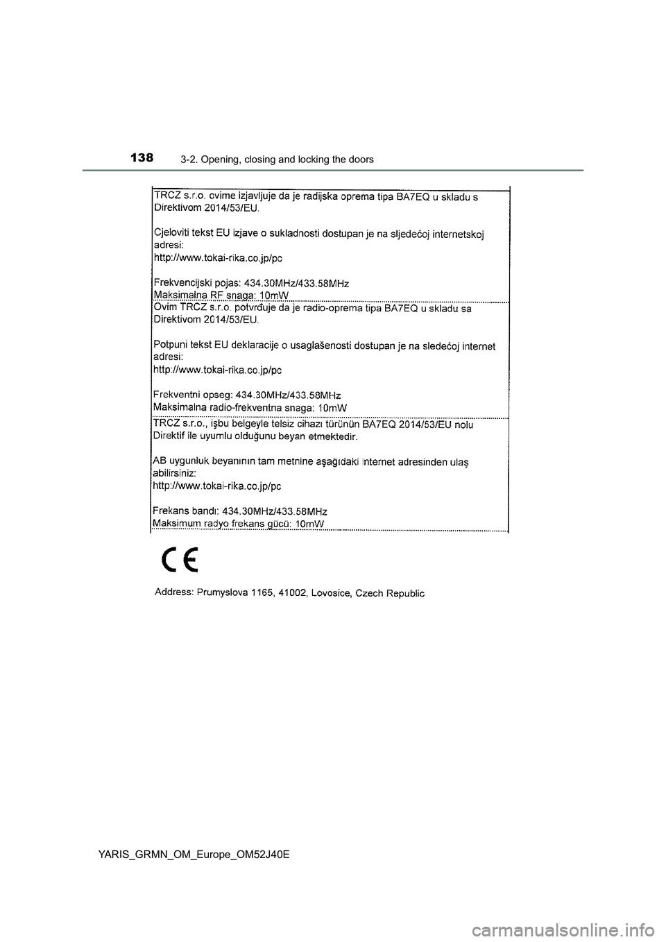 TOYOTA YARIS GRMN 2017  Owners Manual 1383-2. Opening, closing and locking the doors
YARIS_GRMN_OM_Europe_OM52J40E 