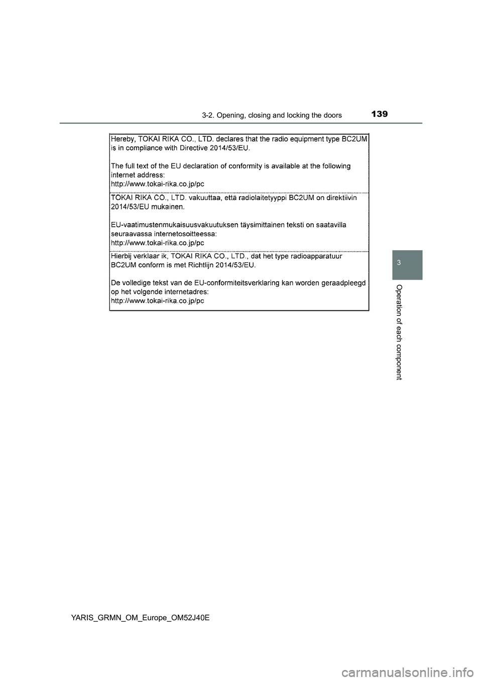 TOYOTA YARIS GRMN 2017  Owners Manual 1393-2. Opening, closing and locking the doors
3
Operation of each component
YARIS_GRMN_OM_Europe_OM52J40E 