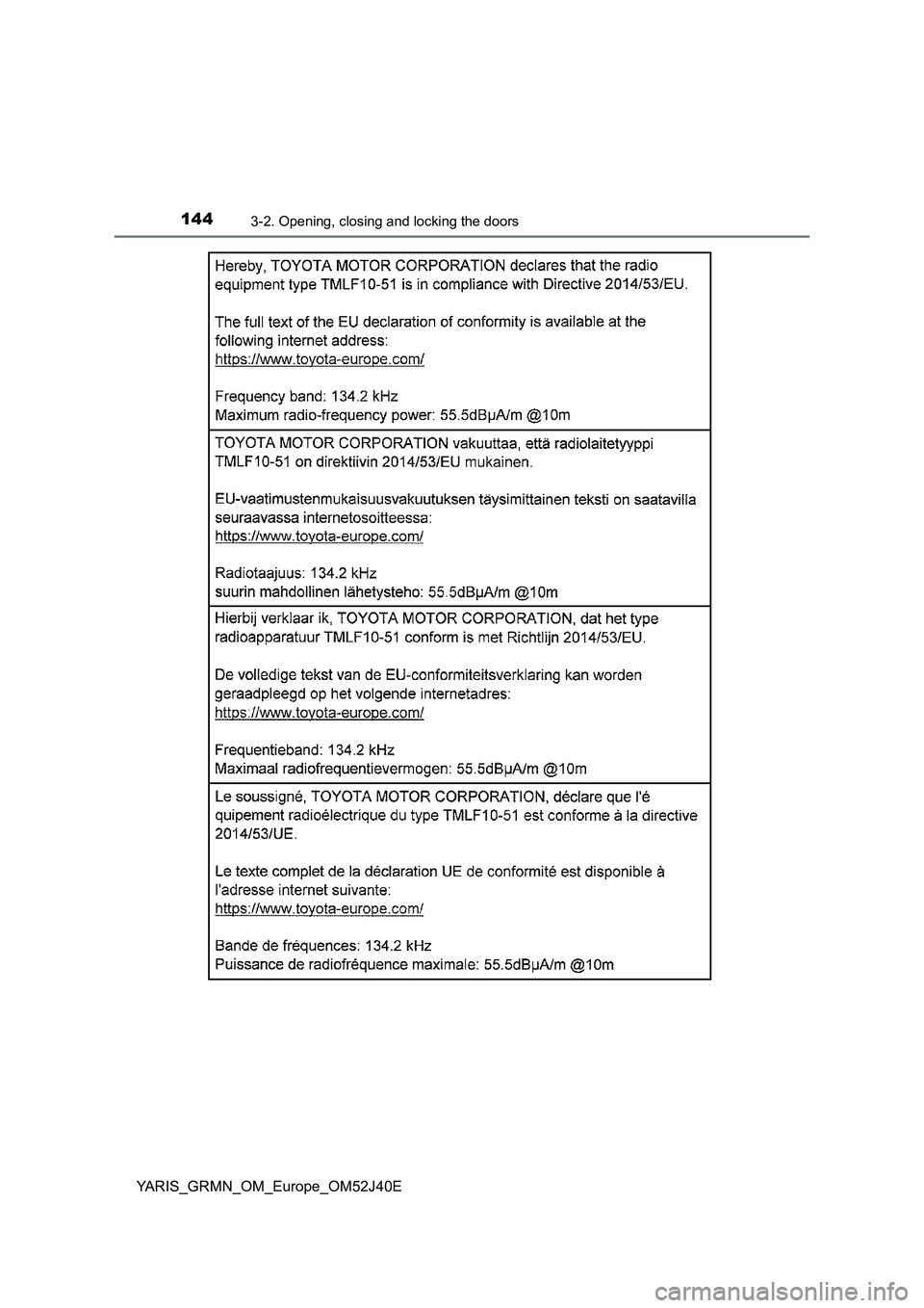 TOYOTA YARIS GRMN 2017 Owners Manual 1443-2. Opening, closing and locking the doors
YARIS_GRMN_OM_Europe_OM52J40E TOYOTA YARIS GRMN 2017 Owners Manual 1443-2. Opening, closing and locking the doors
YARIS_GRMN_OM_Europe_OM52J40E