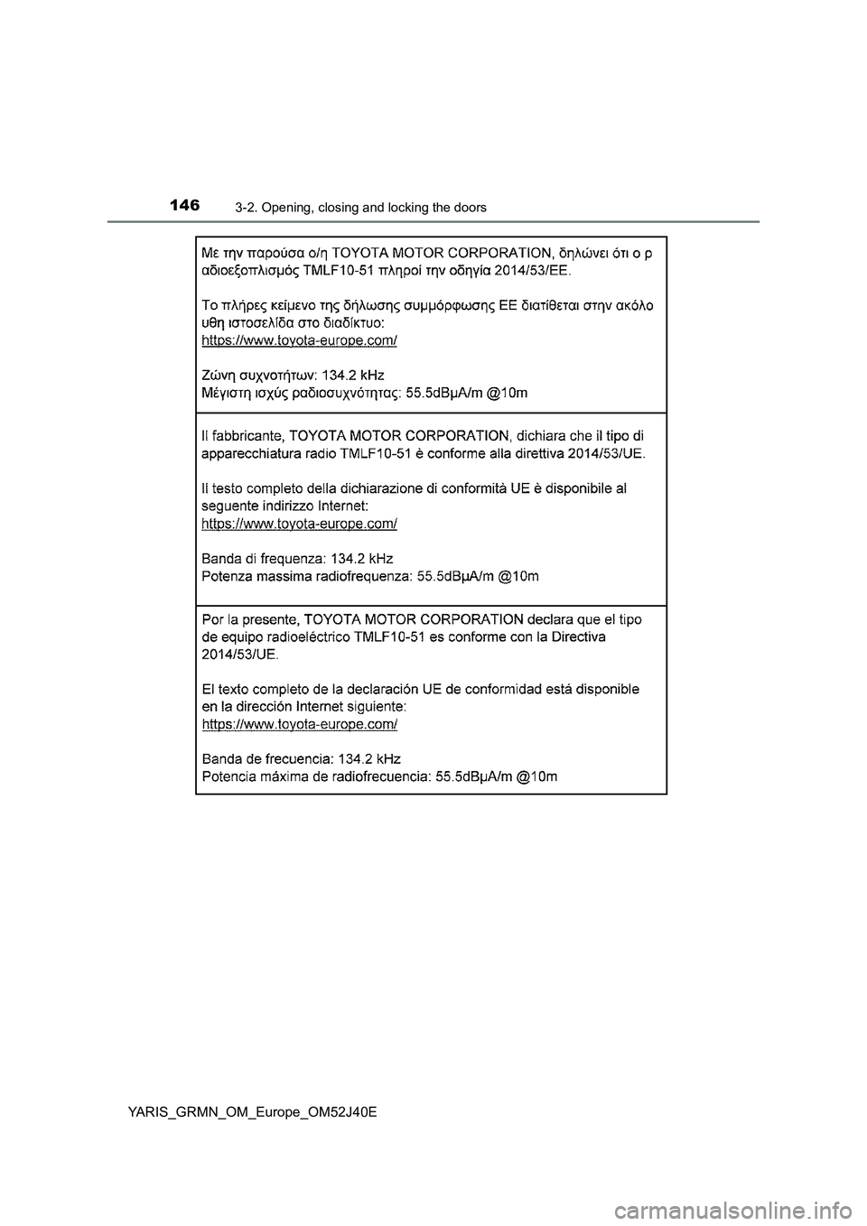 TOYOTA YARIS GRMN 2017 Owners Manual 1463-2. Opening, closing and locking the doors
YARIS_GRMN_OM_Europe_OM52J40E TOYOTA YARIS GRMN 2017 Owners Manual 1463-2. Opening, closing and locking the doors
YARIS_GRMN_OM_Europe_OM52J40E