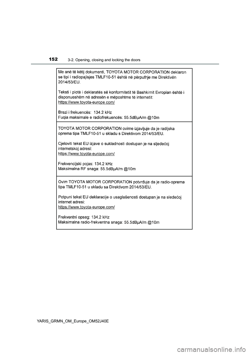 TOYOTA YARIS GRMN 2017  Owners Manual 1523-2. Opening, closing and locking the doors
YARIS_GRMN_OM_Europe_OM52J40E 