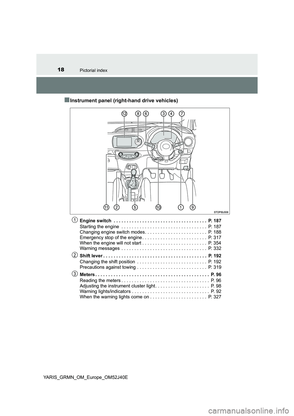 TOYOTA YARIS GRMN 2017  Owners Manual 18Pictorial index
YARIS_GRMN_OM_Europe_OM52J40E
■Instrument panel (right-hand drive vehicles)
Engine switch  . . . . . . . . . . . . . . . . . . . . . . . . . . . . . . . . . . . .  P. 187 
Starting