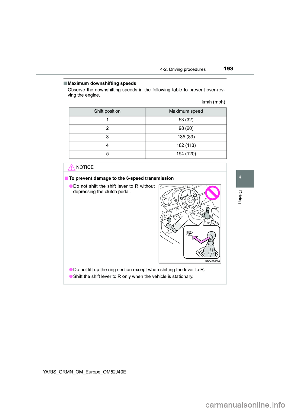 TOYOTA YARIS GRMN 2017  Owners Manual 1934-2. Driving procedures
4
Driving
YARIS_GRMN_OM_Europe_OM52J40E
■Maximum downshifting speeds 
Observe the downshifting speeds in the following table to prevent over-rev- 
ving the engine. 
km/h (