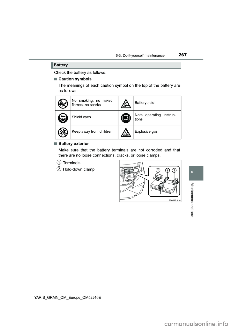 TOYOTA YARIS GRMN 2017 Owners Manual 2676-3. Do-it-yourself maintenance
YARIS_GRMN_OM_Europe_OM52J40E
6
Maintenance and care
Check the battery as follows.
■Caution symbols
The meanings of each caution symbol on the top of the battery TOYOTA YARIS GRMN 2017 Owners Manual 2676-3. Do-it-yourself maintenance
YARIS_GRMN_OM_Europe_OM52J40E
6
Maintenance and care
Check the battery as follows.
■Caution symbols
The meanings of each caution symbol on the top of the battery
