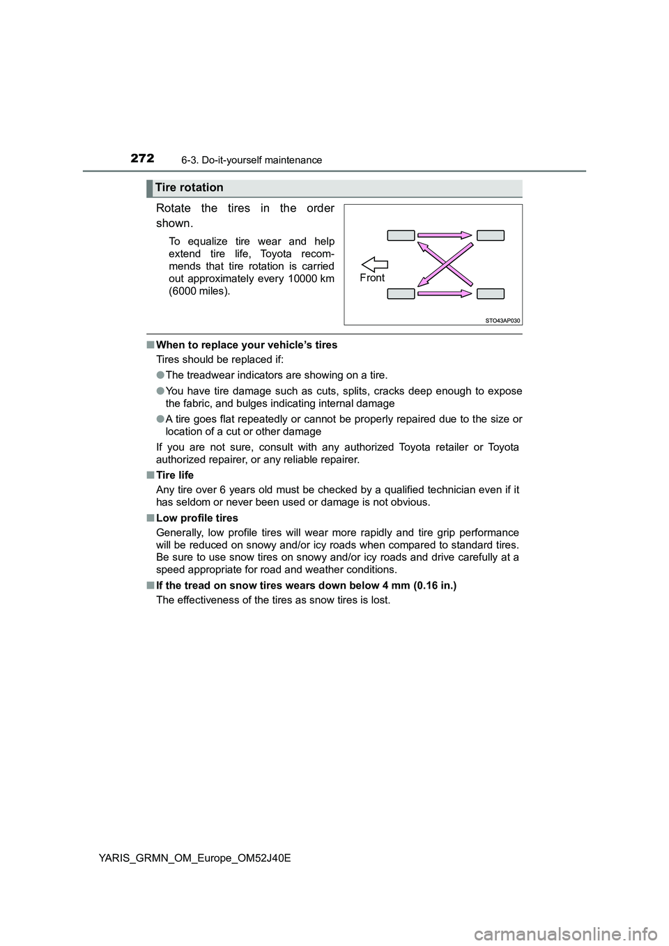 TOYOTA YARIS GRMN 2017  Owners Manual 2726-3. Do-it-yourself maintenance
YARIS_GRMN_OM_Europe_OM52J40E
Rotate the tires in the order 
shown.
To equalize tire wear and help 
extend tire life, Toyota recom- 
mends that tire rotation is carr