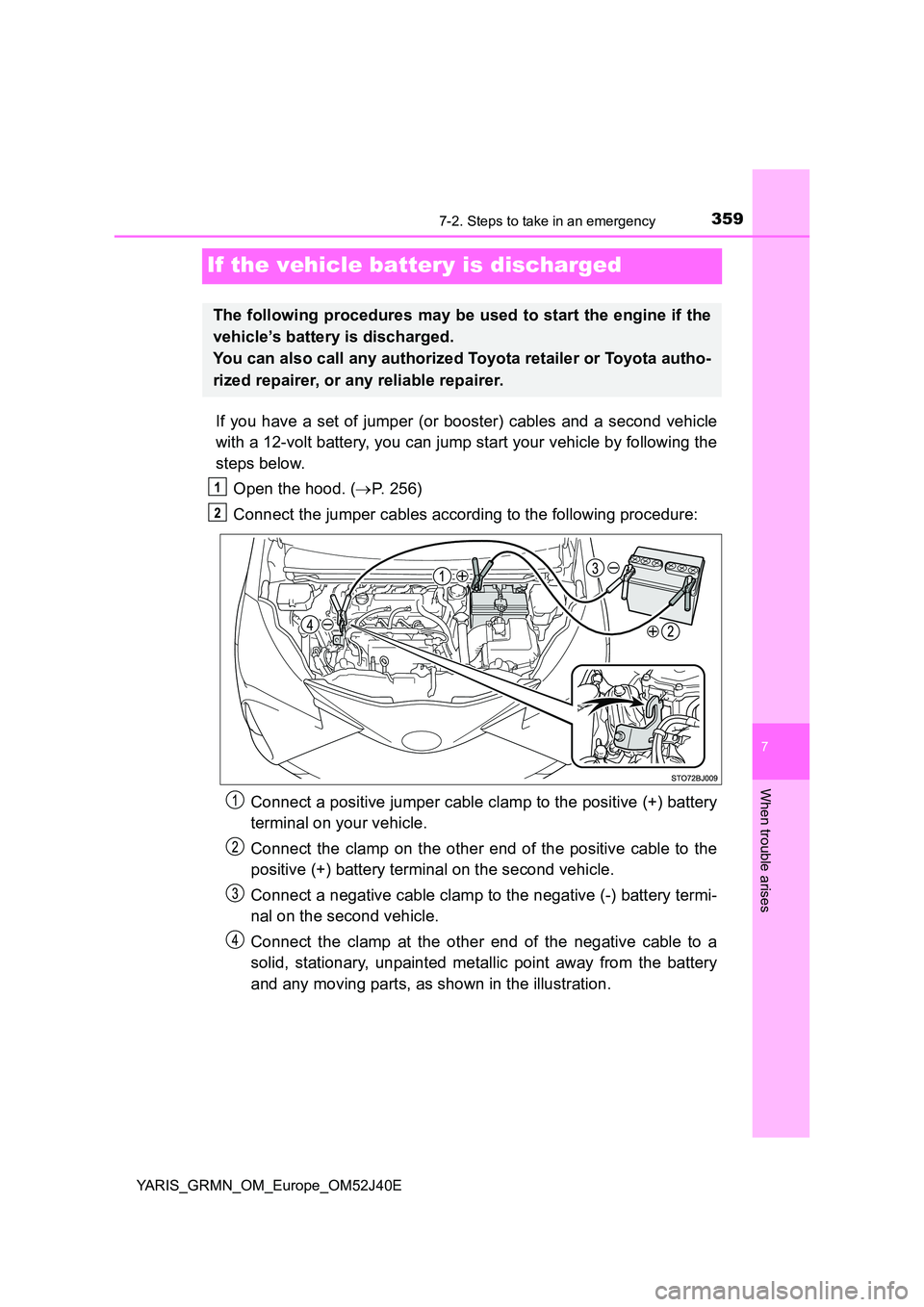 TOYOTA YARIS GRMN 2017 Owners Manual 3597-2. Steps to take in an emergency
YARIS_GRMN_OM_Europe_OM52J40E
7
When trouble arises
If the vehicle battery is discharged
If you have a set of jumper (or booster) cables and a second vehicle
wit TOYOTA YARIS GRMN 2017 Owners Manual 3597-2. Steps to take in an emergency
YARIS_GRMN_OM_Europe_OM52J40E
7
When trouble arises
If the vehicle battery is discharged
If you have a set of jumper (or booster) cables and a second vehicle
wit