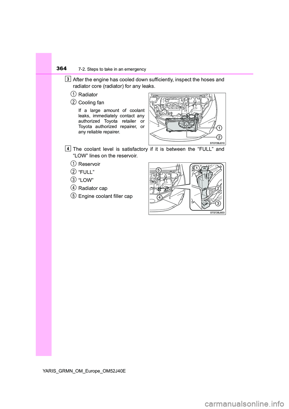 TOYOTA YARIS GRMN 2017 Owners Manual 3647-2. Steps to take in an emergency
YARIS_GRMN_OM_Europe_OM52J40E
After the engine has cooled down sufficiently, inspect the hoses and
radiator core (radiator) for any leaks.
Radiator
Cooling fan TOYOTA YARIS GRMN 2017 Owners Manual 3647-2. Steps to take in an emergency
YARIS_GRMN_OM_Europe_OM52J40E
After the engine has cooled down sufficiently, inspect the hoses and
radiator core (radiator) for any leaks.
Radiator
Cooling fan