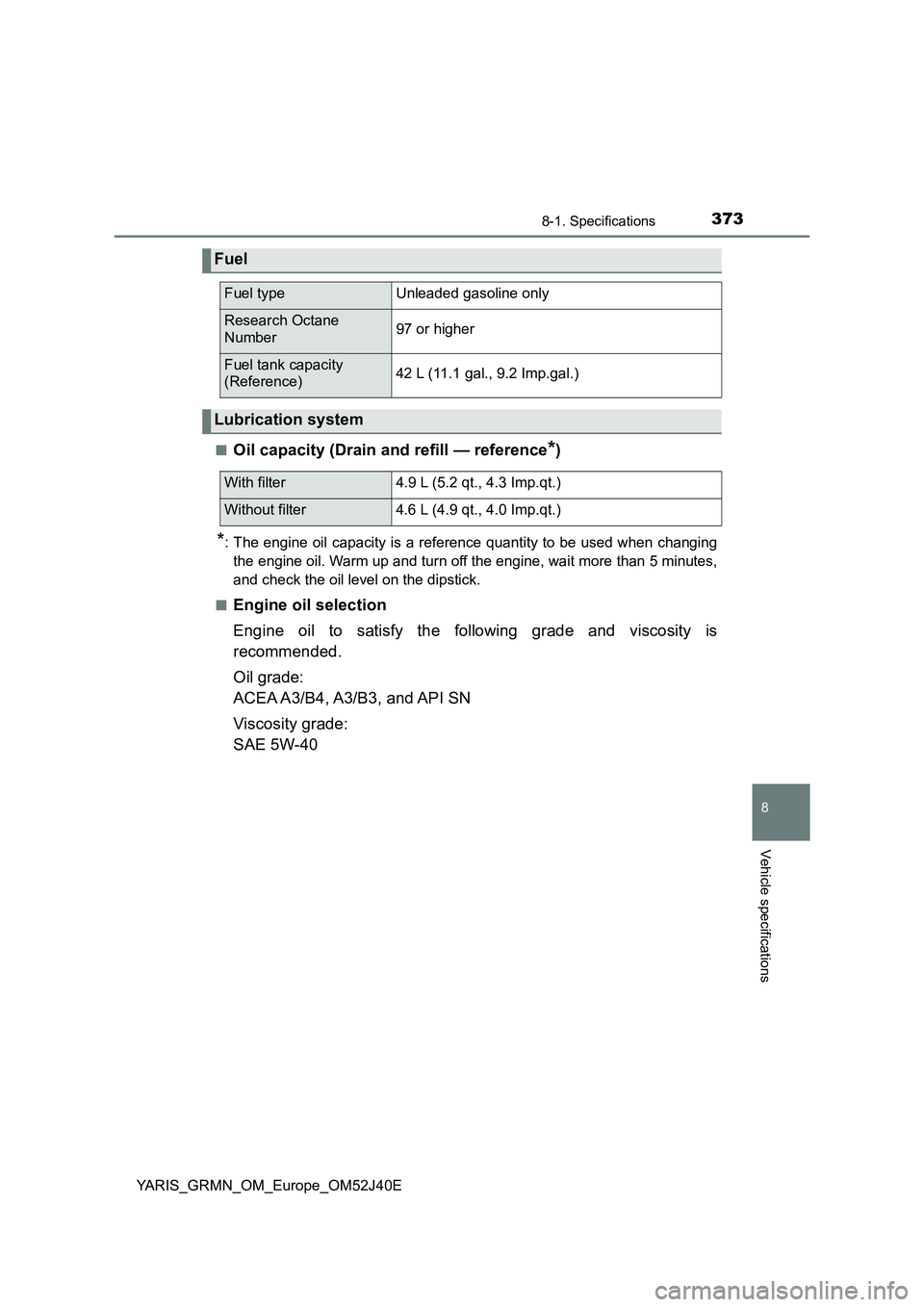 TOYOTA YARIS GRMN 2017 Owners Manual 3738-1. Specifications
8
Vehicle specifications
YARIS_GRMN_OM_Europe_OM52J40E
■Oil capacity (Drain and refill — reference*)
*: The engine oil capacity is a reference quantity to be used when chan TOYOTA YARIS GRMN 2017 Owners Manual 3738-1. Specifications
8
Vehicle specifications
YARIS_GRMN_OM_Europe_OM52J40E
■Oil capacity (Drain and refill — reference*)
*: The engine oil capacity is a reference quantity to be used when chan
